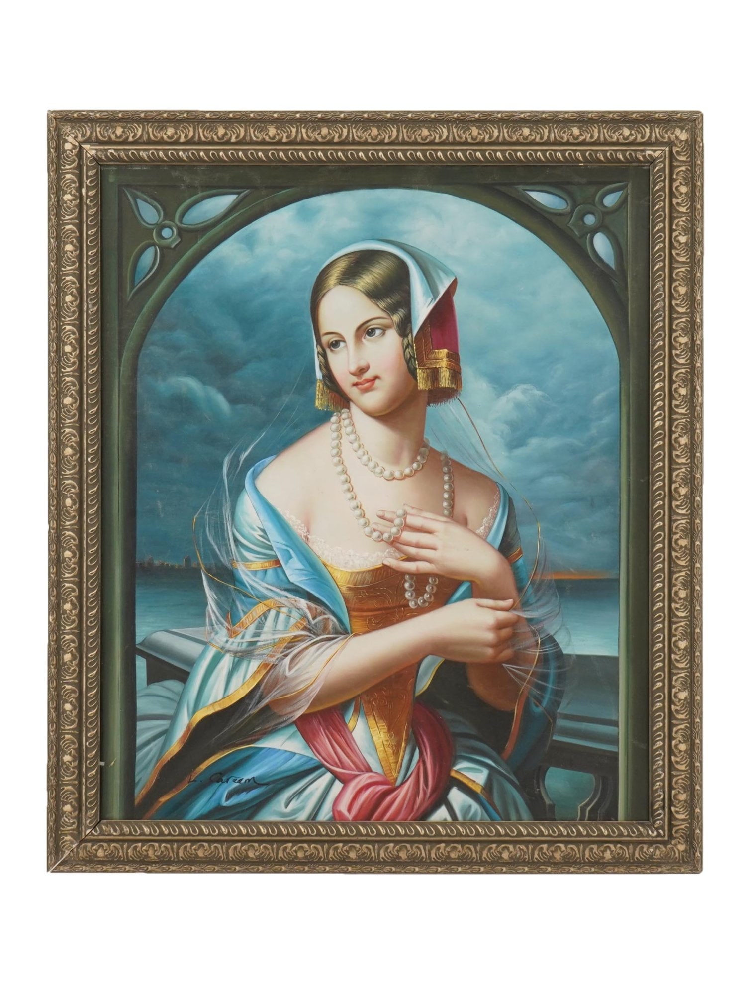 SIGNED OIL PAINTING AFTER THEODORE FANTIN LATOUR: A vintage oil on canvas over board painting signed L. Careem after the original pastel 19th century painting by French artist Theodore Fantin-Latour, 1805 to 1872. The painting depicts a portrait of a