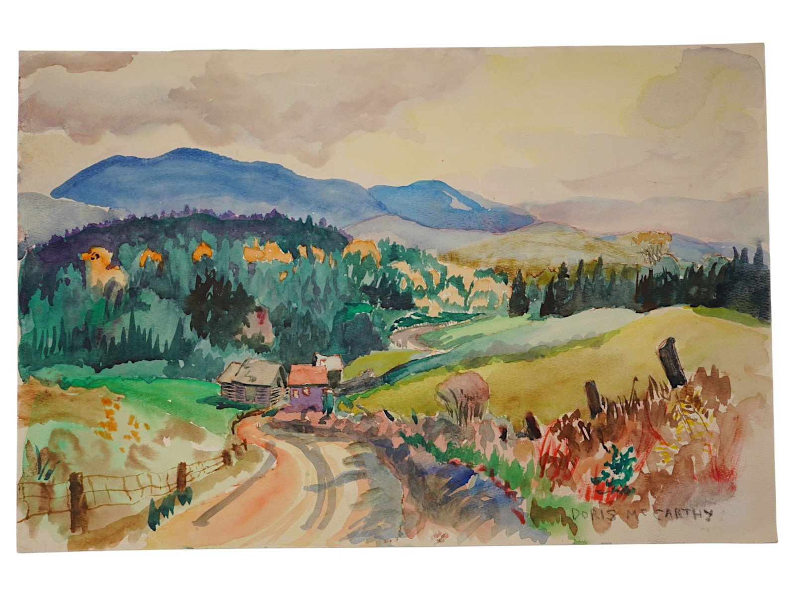 DORIS MCCARTHY CANADIAN LANDSCAPE WATERCOLOR PAINTING: Doris McCarthy, Canadian, 1910 to 2010, watercolor on paper painting. Valley landscape view. Signed in the lower right. Titled Lac-Sainte-Marie on the backside. Undated. Unframed. Doris McCarthy studi