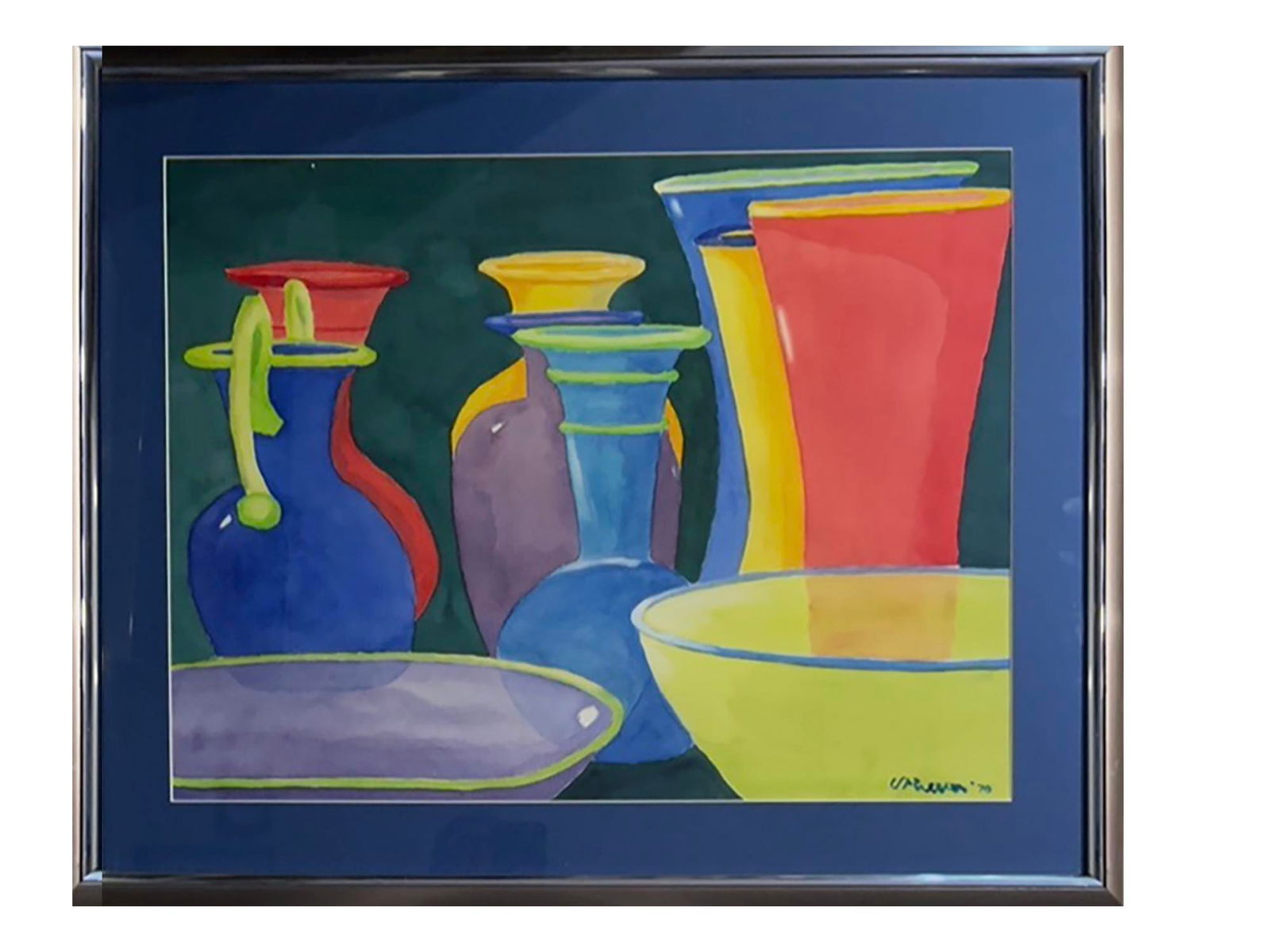 ARMENIAN WATERCOLOR PAINTING BY MINAS AVETISIAN: Minas Avetisian, Russian Soviet era, Armenian, 1928 to 1975, a watercolor painting on paper depicting a still life with multicolored decanters, 1970. Signed, and dated 70, lower right. Framed. Minas A