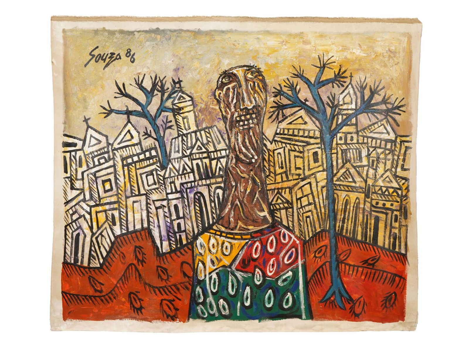 INDIAN ACRYLIC PAINTING SIGNED FRANCIS NEWTON SOUZA: An Indian acrylic painting on canvas depicting a portrait of a man in a cityscape. Signed, Souza and dated 86, upper left. Francis Newton Souza, Indian, 1924 to 2002, known as F.N. Souza, is one of In