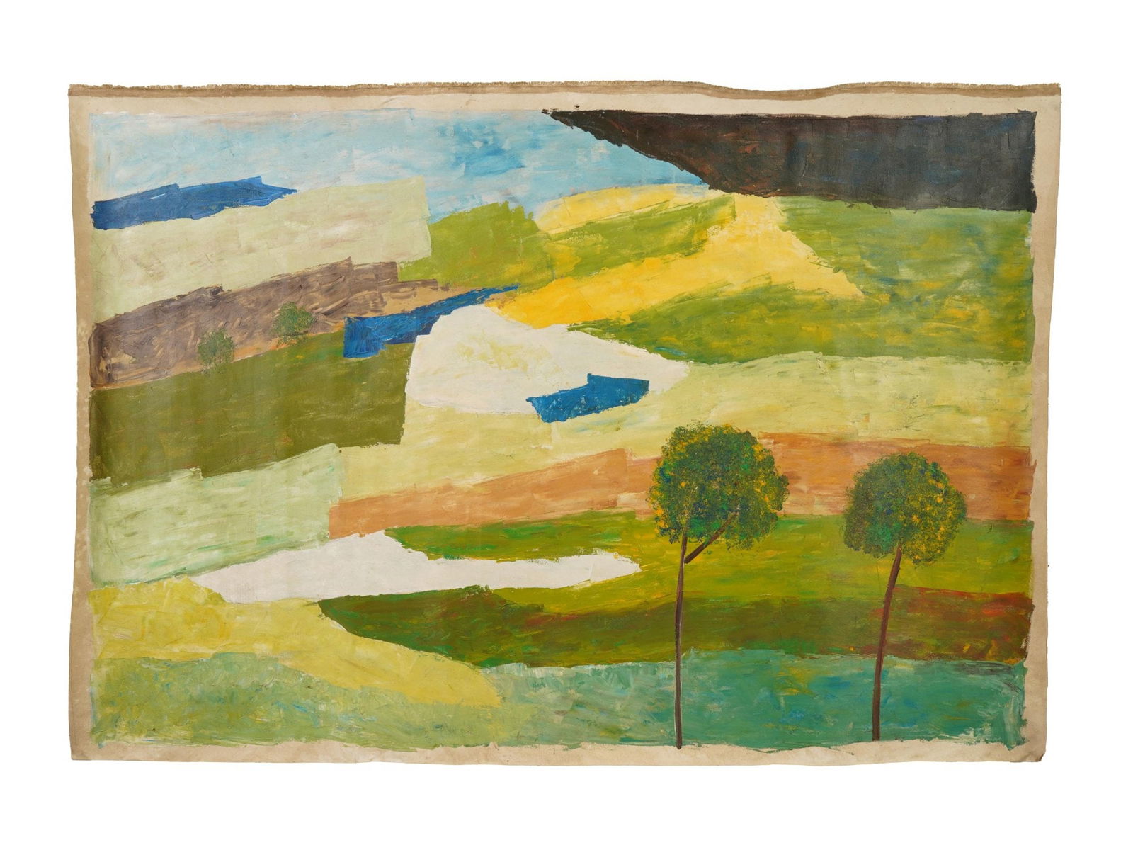 MID CENTURY INDIAN PAINTING SIGNED RAM KUMAR: A mid-century Indian school oil painting on canvas depicting an abstract landscape. Signed on verso Ram Kumar, a key member of the influential Progressive Artists Group. Ram Kumar is celebrated for hi