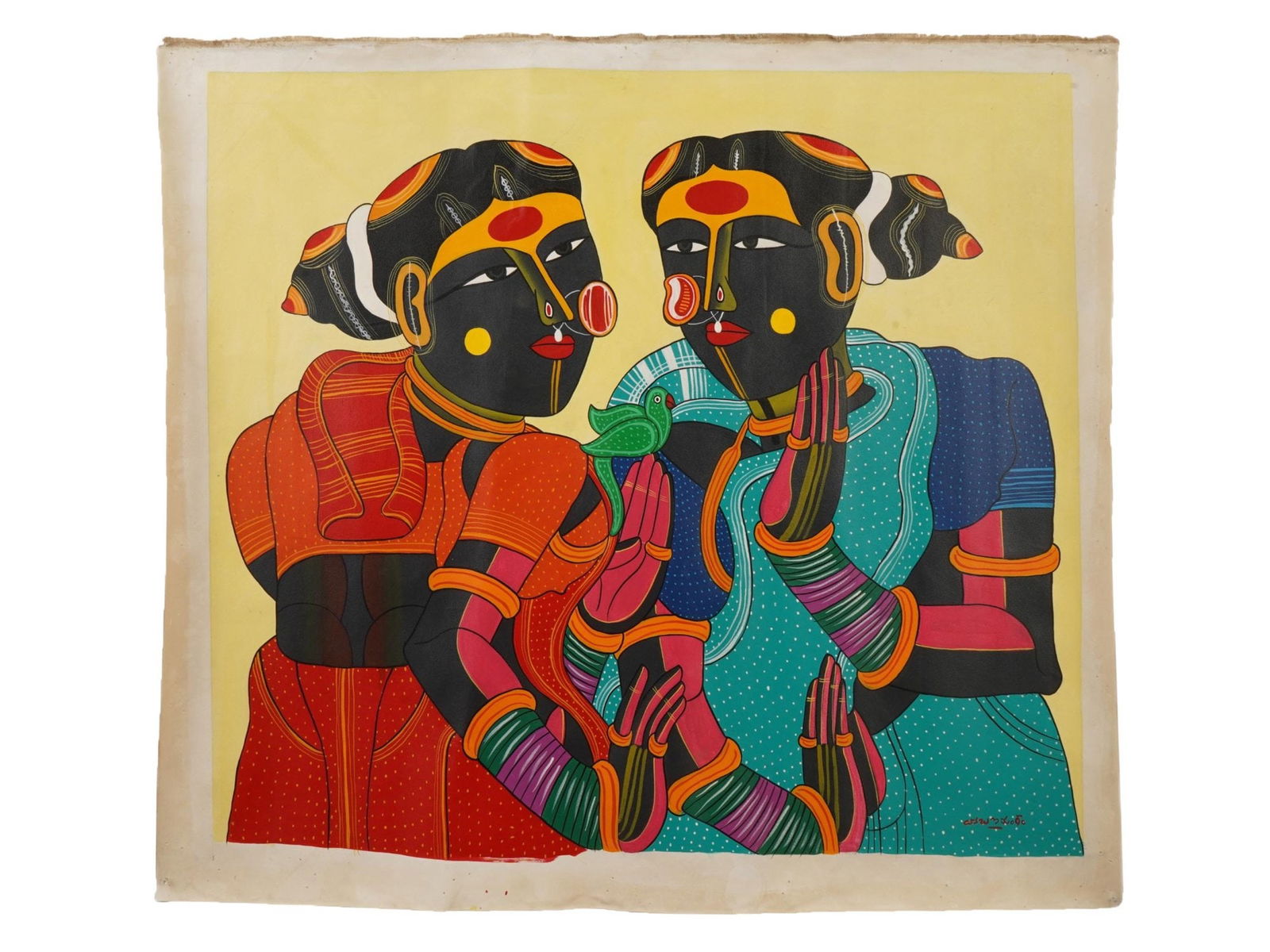 SIGNED THOTA VAIKUNTAM INDIAN ACRYLIC PAINTING W COA: Signed Thota Vaikuntam, Indian, born 1942, acrylic painting on canvas depicting two women in a red and blue dress, and a green parrot between them. Signed lower right. Completed with a certificate of