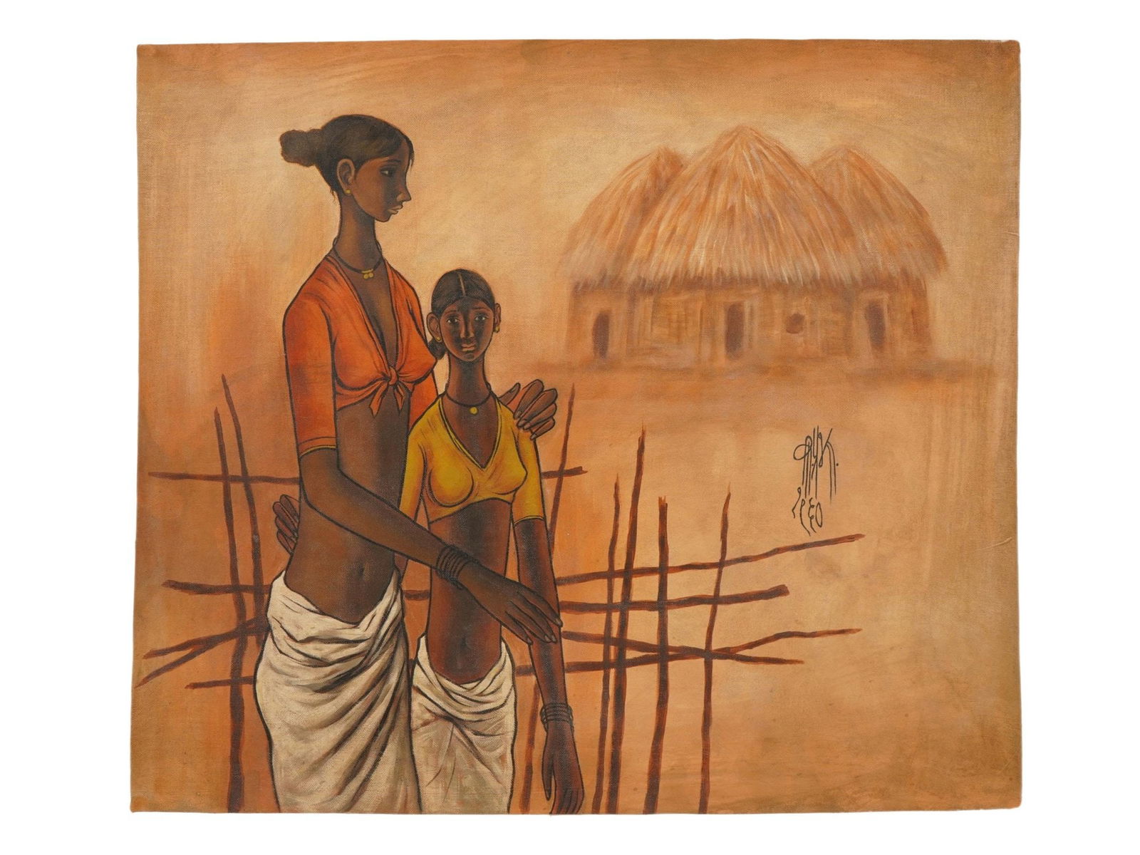 INDIAN WOMEN OIL PAINTING SIGNED B PRABHA WITH COA: An oil painting on canvas depicting two women, 1960. Signed, B. Prabha, and dated on the right. Completed with a certificate of authenticity, signed by Nayana Sarmalkar. B. Prabha is known for Female