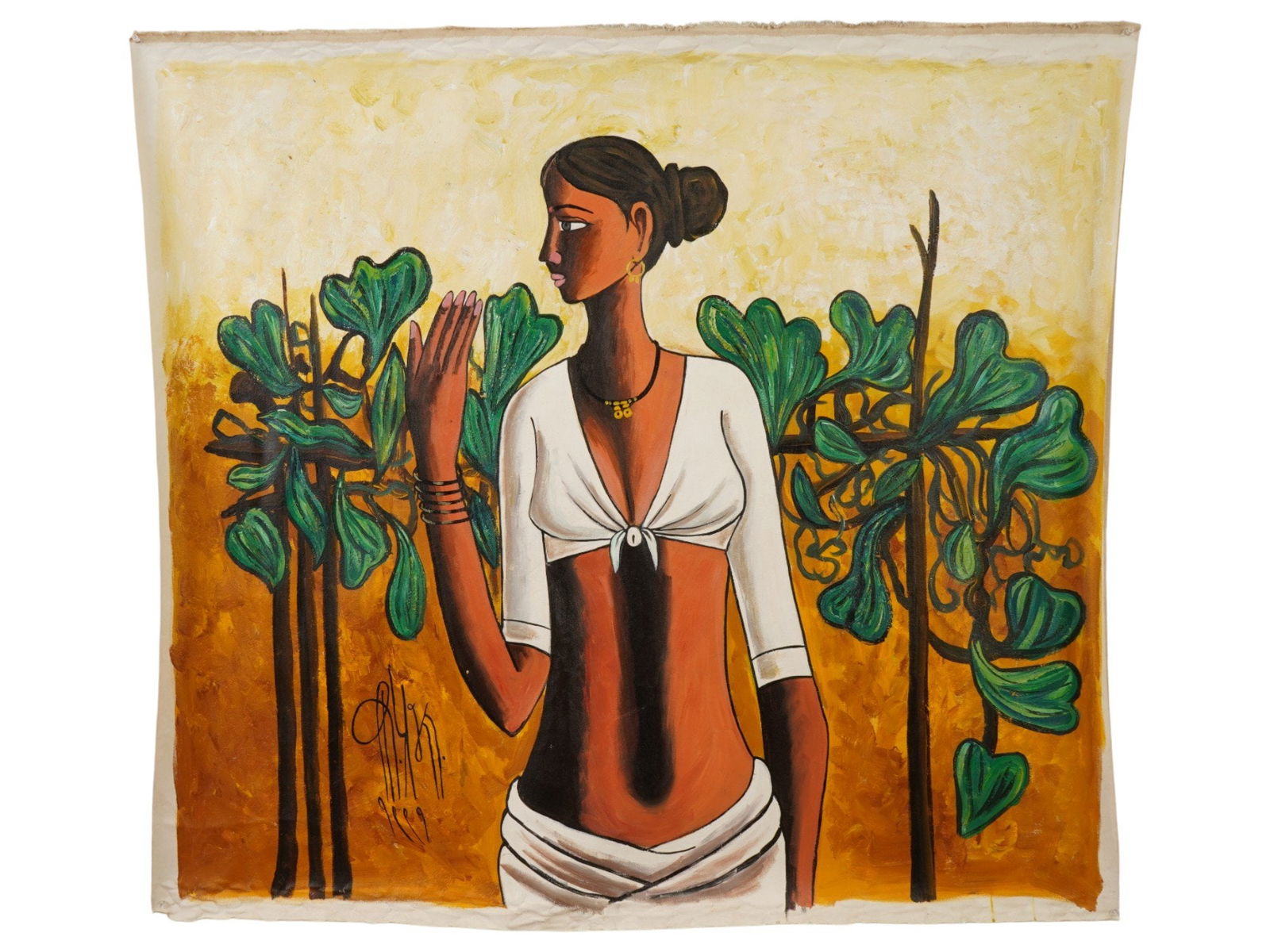 SIGNED B. PRABHA INDIAN PORTRAIT PAINTING WITH COA: Oil on canvas painting, signed B. Prabha, Indian, 1933 to 2001. The artwork depicts a young woman. Signed and dated 1991 in the lower left. Unframed. The piece comes with a certificate. Prabha started