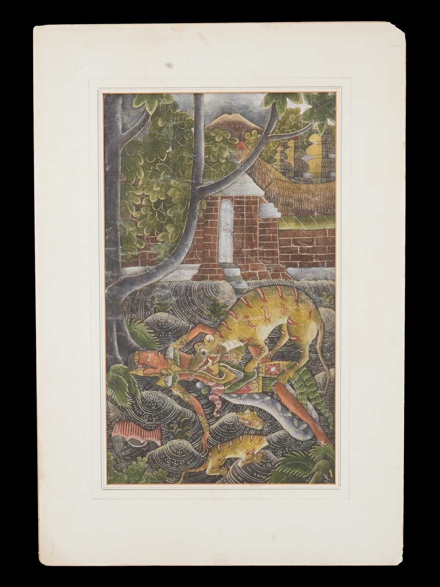 INDIAN SCHOOL GENRE SCENE MIXED MEDIA PAINTING: An Indian School mixed media painting on canvas depicting a genre scene with a human and an animal, probably a mythological scene. Unsigned. Framed. Additionally inscribed in pencil, on the backside.