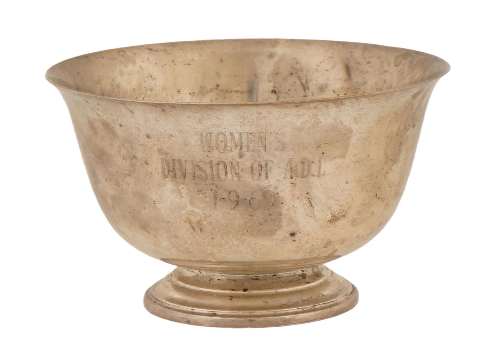 1960S AMERICAN JUDAICA FINA STERLING SILVER CUP: A sterling silver footed cup with engraved inscription to the front, Women Division of ADL, 1-9-69. Marked Sterling by Fina, 33, Exemplar Paul Revere, 1768. Total Weight: 59.6 grams. The Anti-Defamati