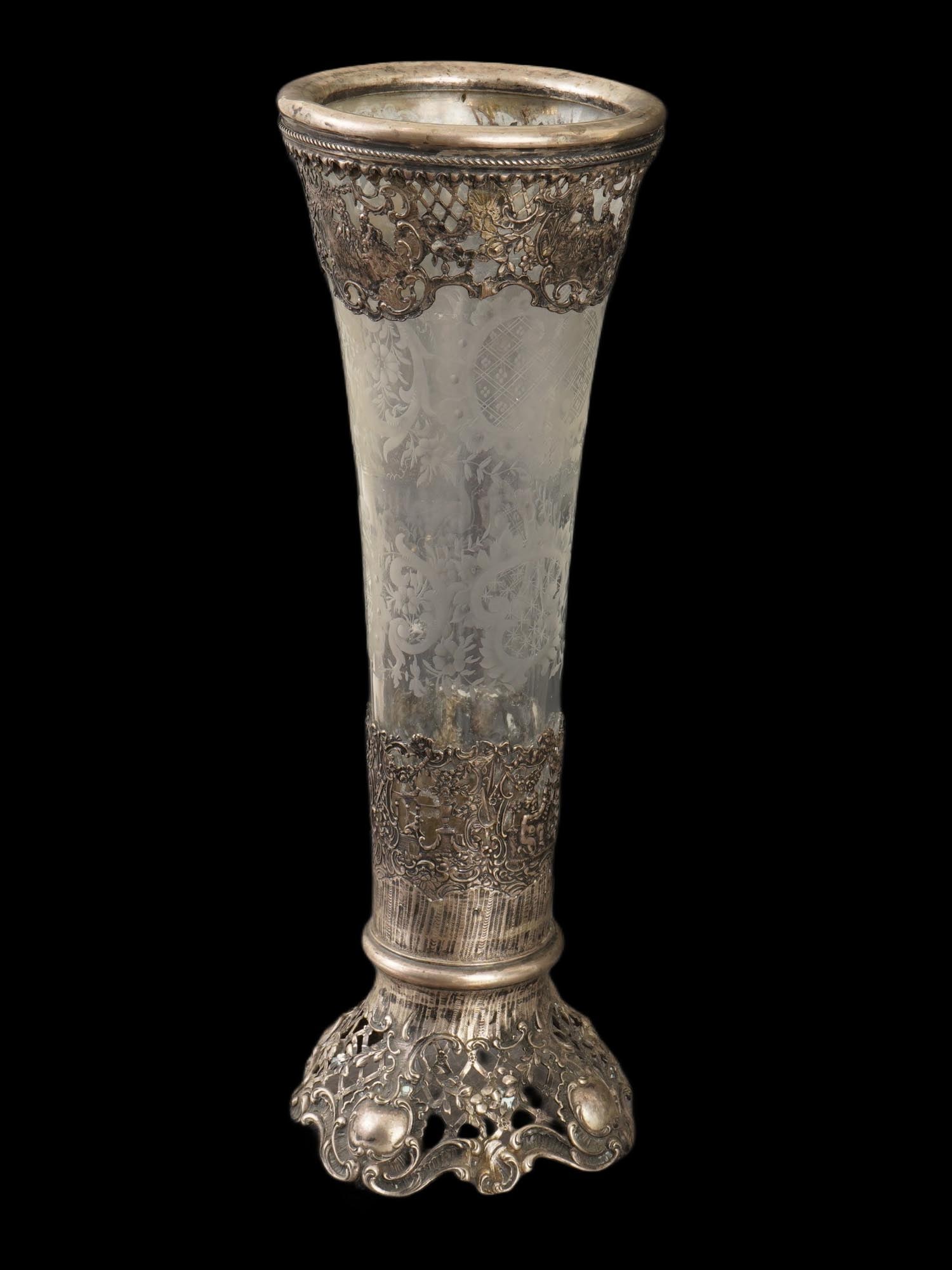 LARGE ANTIQUE CUT CRYSTAL SILVER MOUNTED TRUMPET VASE (1 of 10)