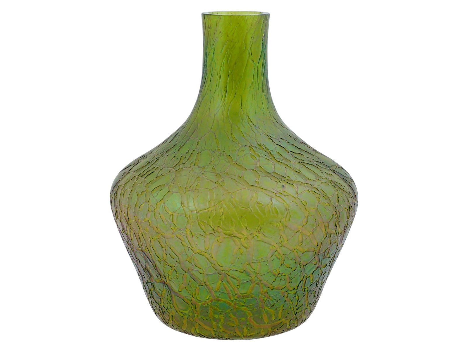 ANTIQUE JOHANN LOETZ WITWE ART NOUVEAU GLASS VASE: An antique Art Nouveau iridescent green crackle glass vase by Johann Loetz Witwe, the renowned Bohemian glassmaker active in the late 19th and early 20th centuries. Produced around circa 1900, the vas