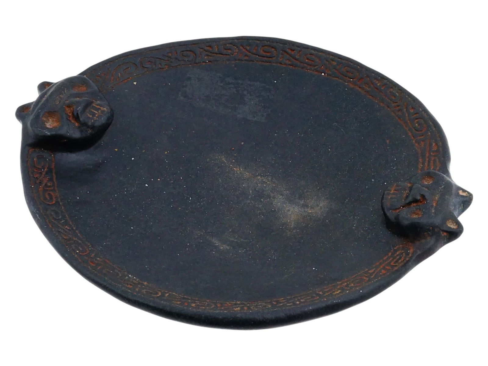 ANCIENT PRE COLUMBIAN CARVED STONE ANIMAL HEAD DISH: An ancient pre-Columbian carved hard dish, possibly intended as an incense burner or decorative object, exhibiting sculptural animal head motifs. Ancient Pre Columbian Carvings And Historical Collecti