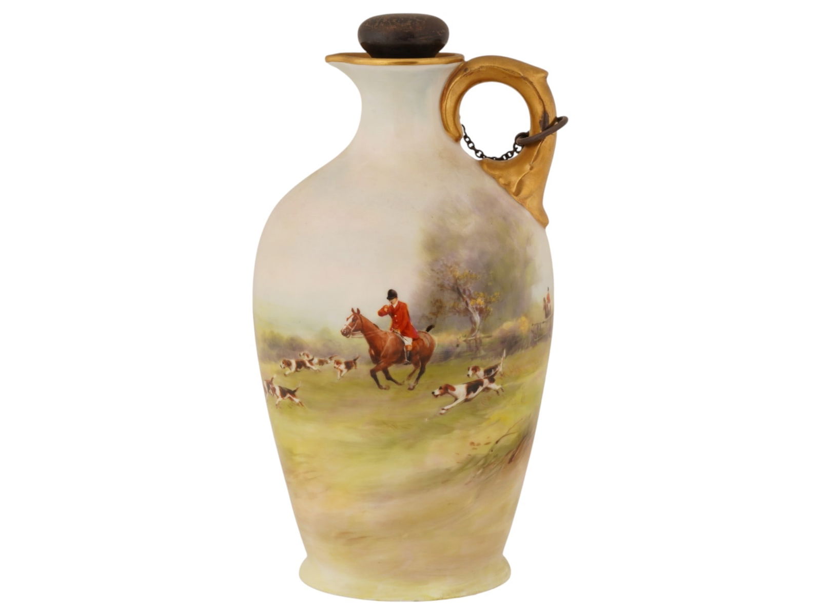 ENGLISH ROYAL WORCESTER PORCELAIN JUG SILVER STOPPER: An English Royal Worcester porcelain jug or decanter. The ware is adorned with a hand painted scene depicting a hunting scene painted by Harry Davis. Completed with a Silver stopper with a chain. Mark