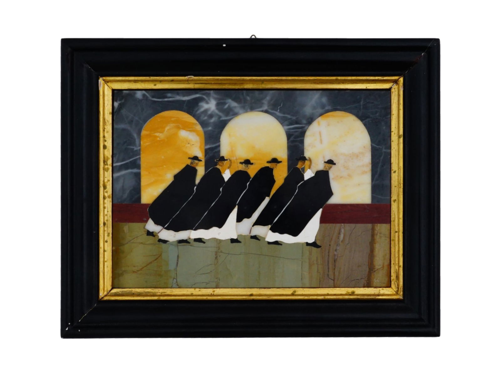 G UGOLINI ITALIAN PIETRA DURA STONE MOSAIC PLAQUE: An Italian mosaic plaque executed in pietra dura technique, an inlay of cut and fitted, highly polished colored mineral stones. The artwork depicts six figures in traditional attire and wide-brimmed h