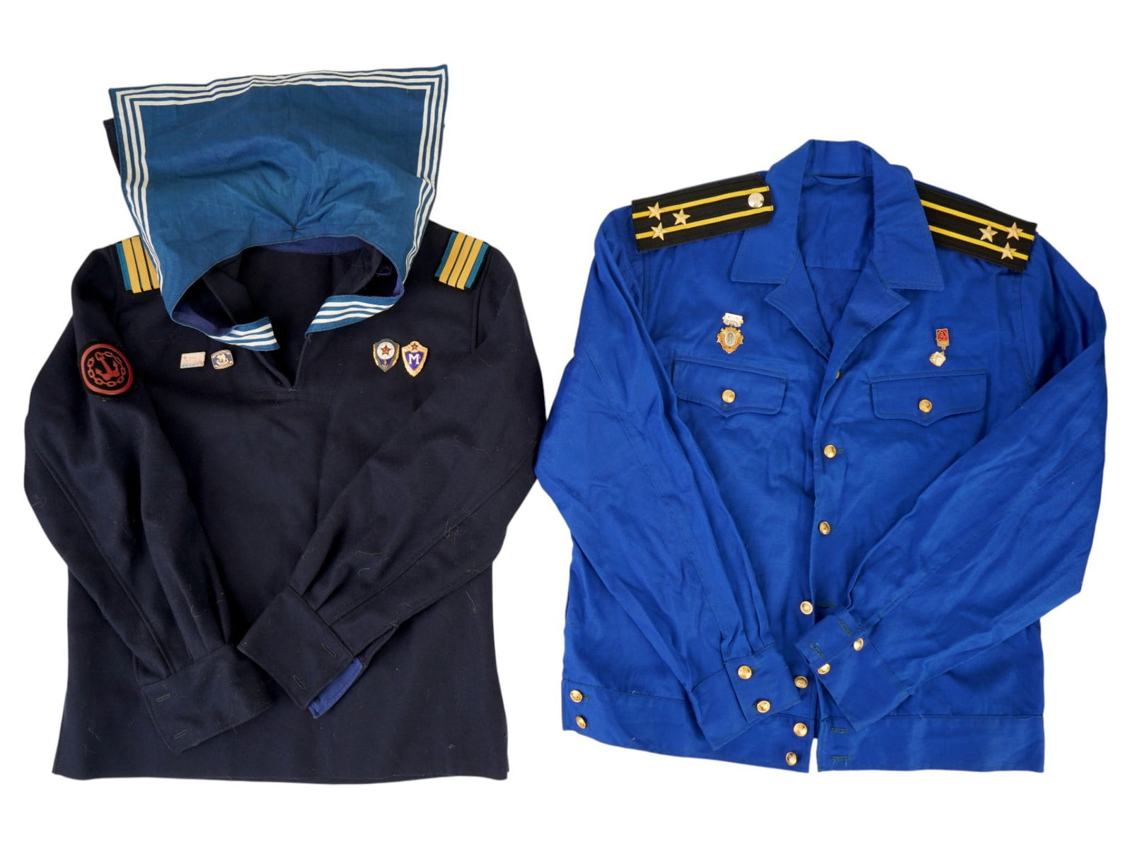 TWO RUSSIAN SOVIET NAVY SAILOR AND OFFICER UNIFORMS: A lot of two Russian Soviet Navy uniforms. The lot contains a sailors robe, everyday working uniform of sailors and petty officers of the USSR Navy and uniform shirt of a Soviet submariner with the ra