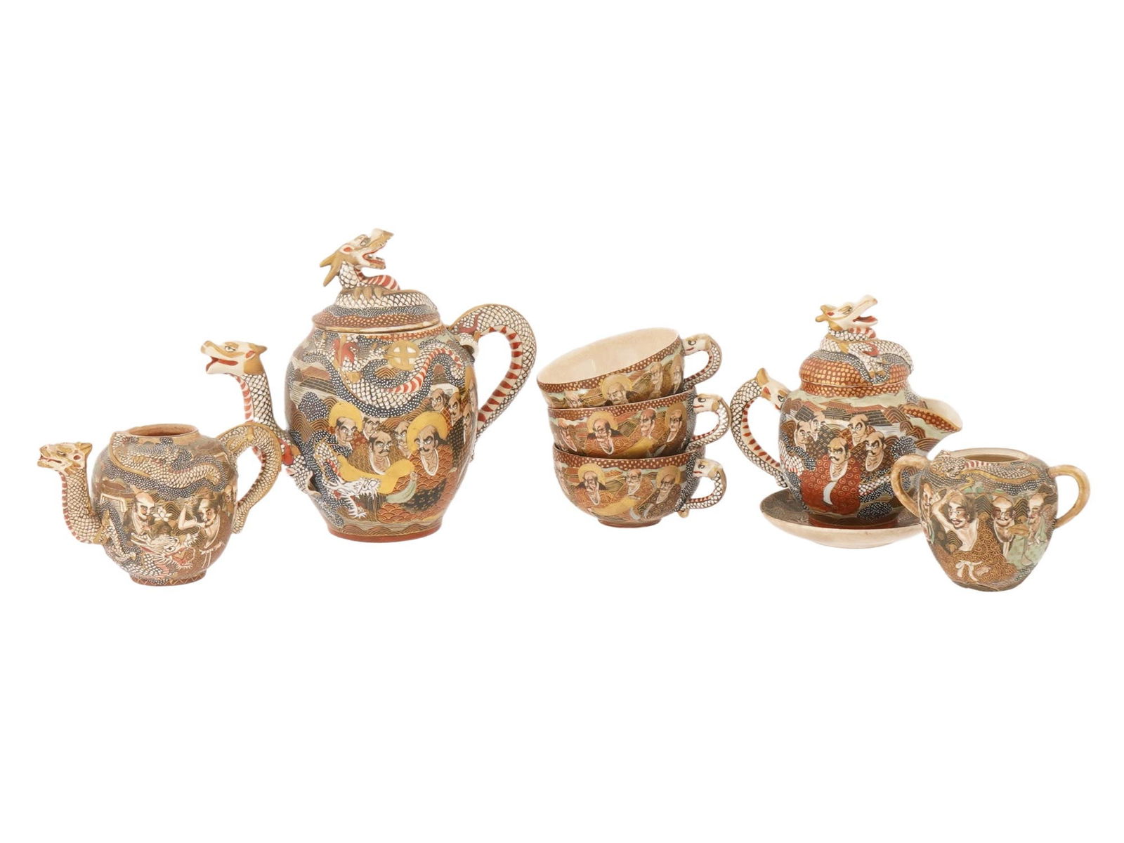 ANTIQUE JAPANESE SATSUMA DRAGONWARE MORIAGE TEA SET (1 of 13)