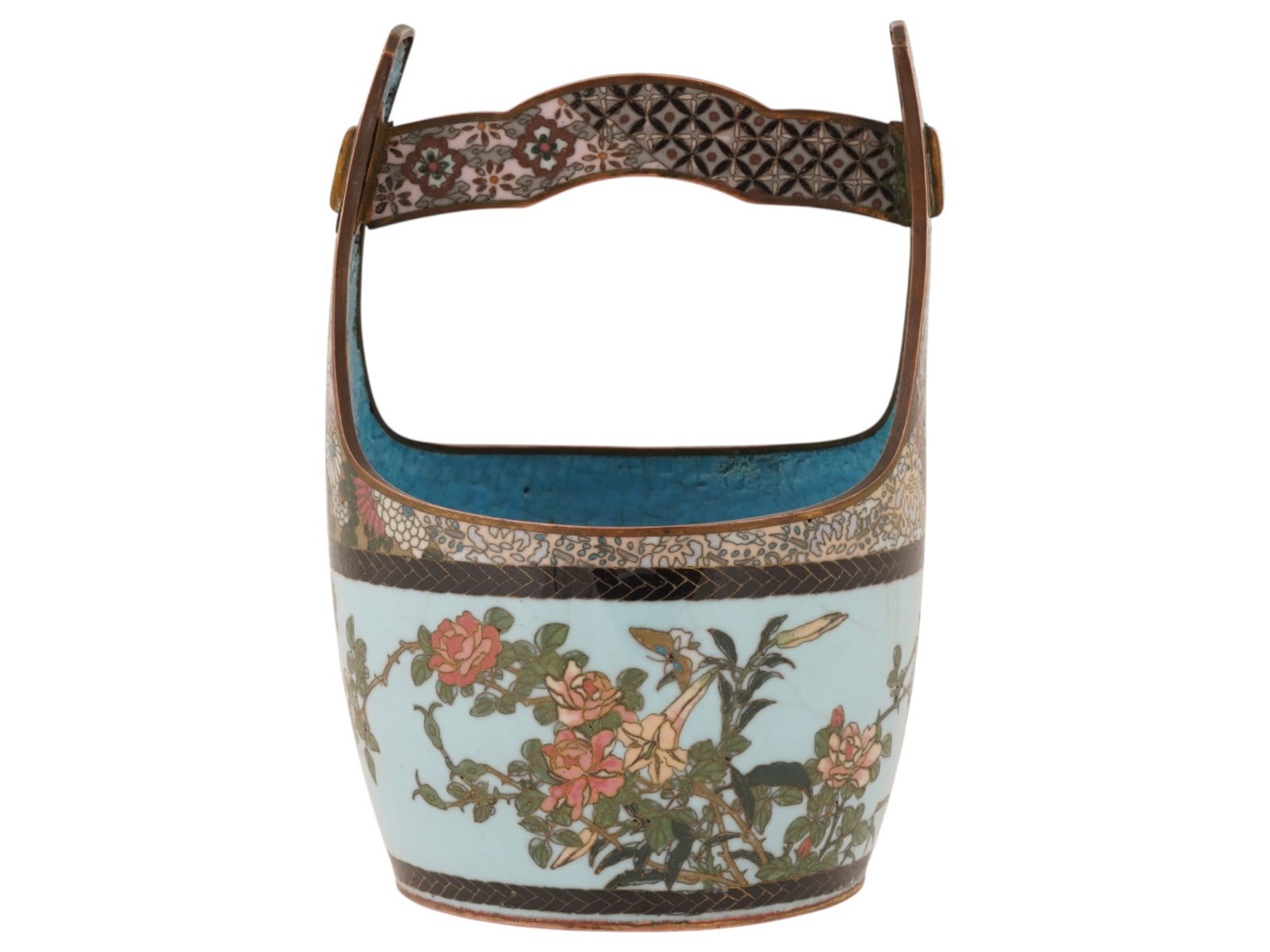 JAPANESE POLYCHROME CLOISONNE ENAMEL BUCKET W HANDLE: A Japanese polychrome enamel bucket with a handle. The ware is enameled with a polychrome design representing butterflies in blossoming flowers made in the Cloisonne technique. The borders and the han