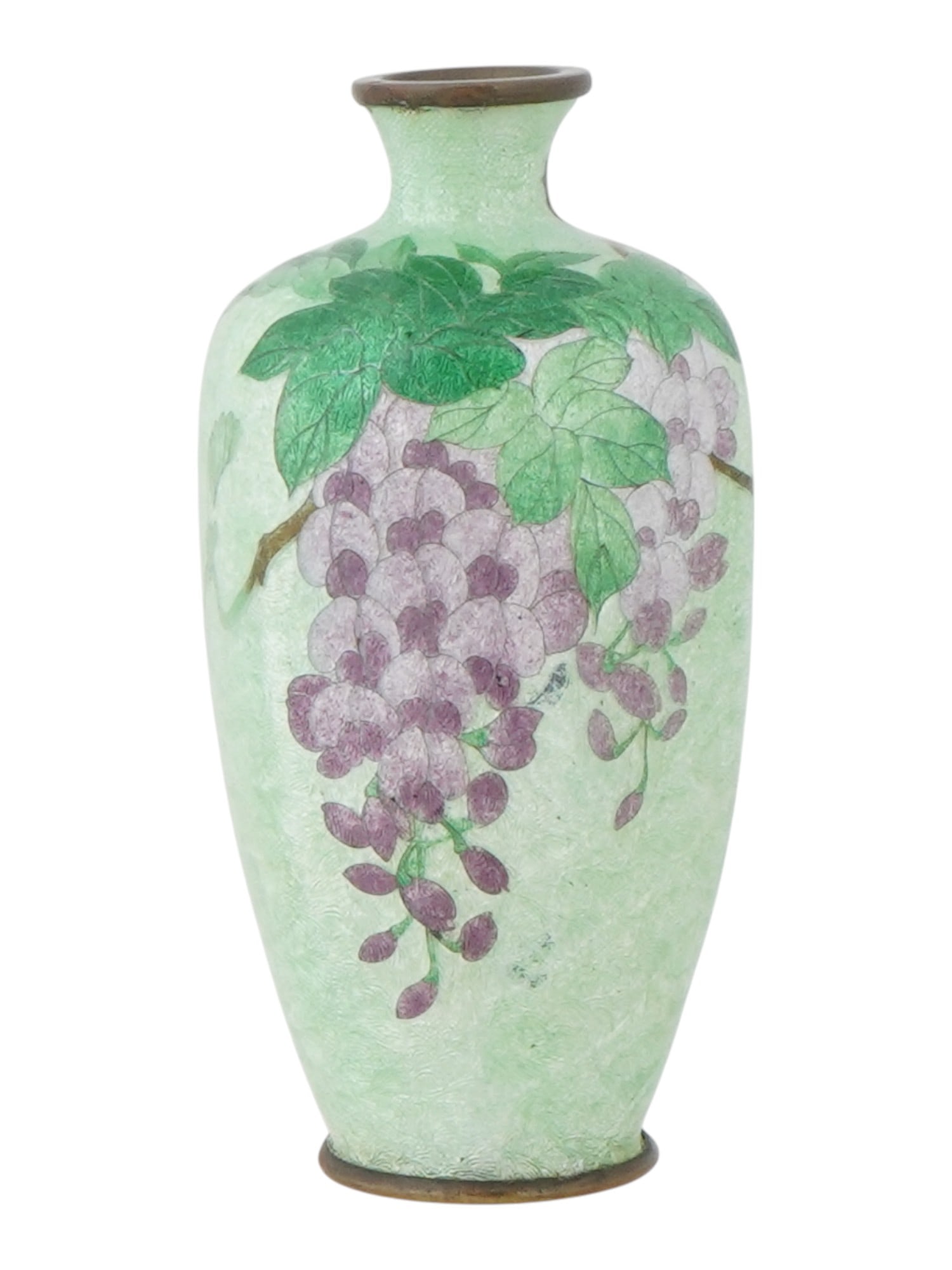 ANTIQUE JAPANESE MEIJI ERA GINBARI CLOISONNE VASE: An antique Japanese copper vase with polychrome ginbari cloisonne enamel decor. Late Meiji period, before 1912. Attributed to Matsu-Ya. Hexagonal bottle shape. Wisteria blossom motif. Kanji mark on th