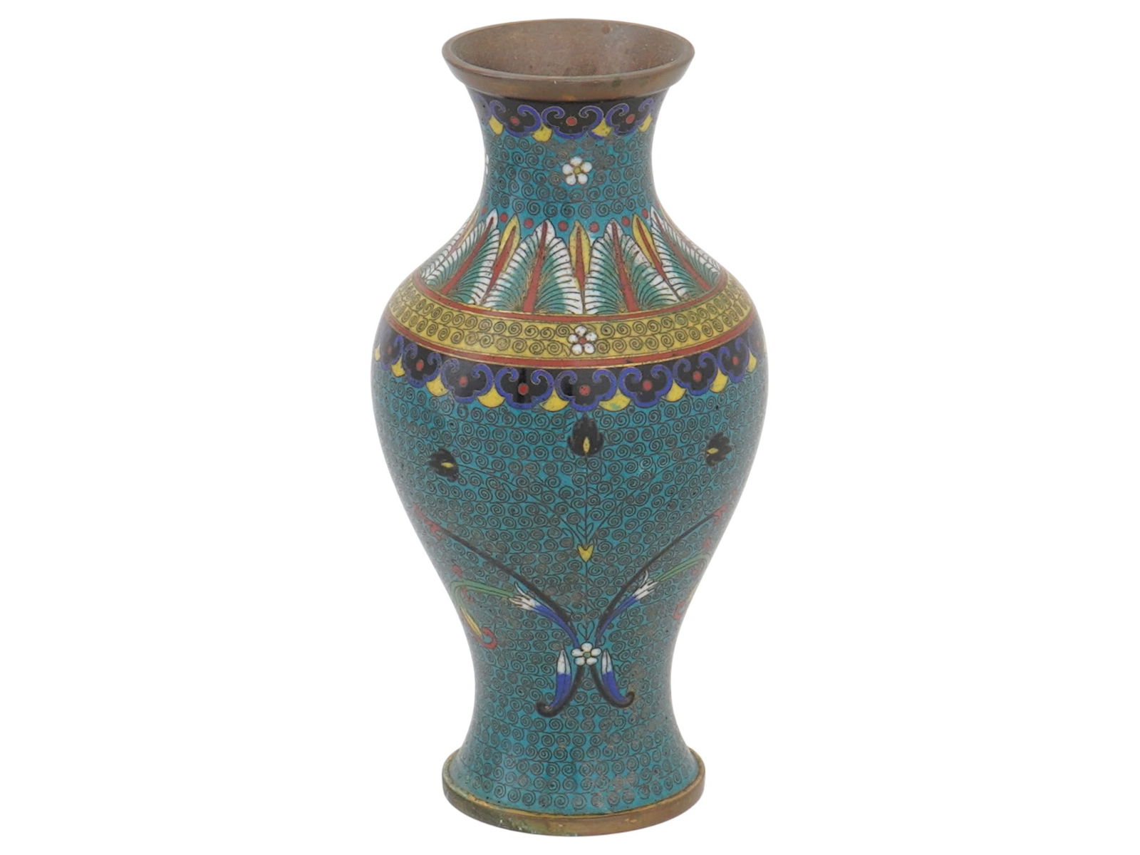 ANTIQUE JAPANESE CLOISONNE ENAMEL VASE: An antique Japanese cloisonne enamel vase. Circa 20th century. The vase, of baluster shape, has a narrow neck that widens toward the top. The item is richly decorated with scroll and foliate cloisonne