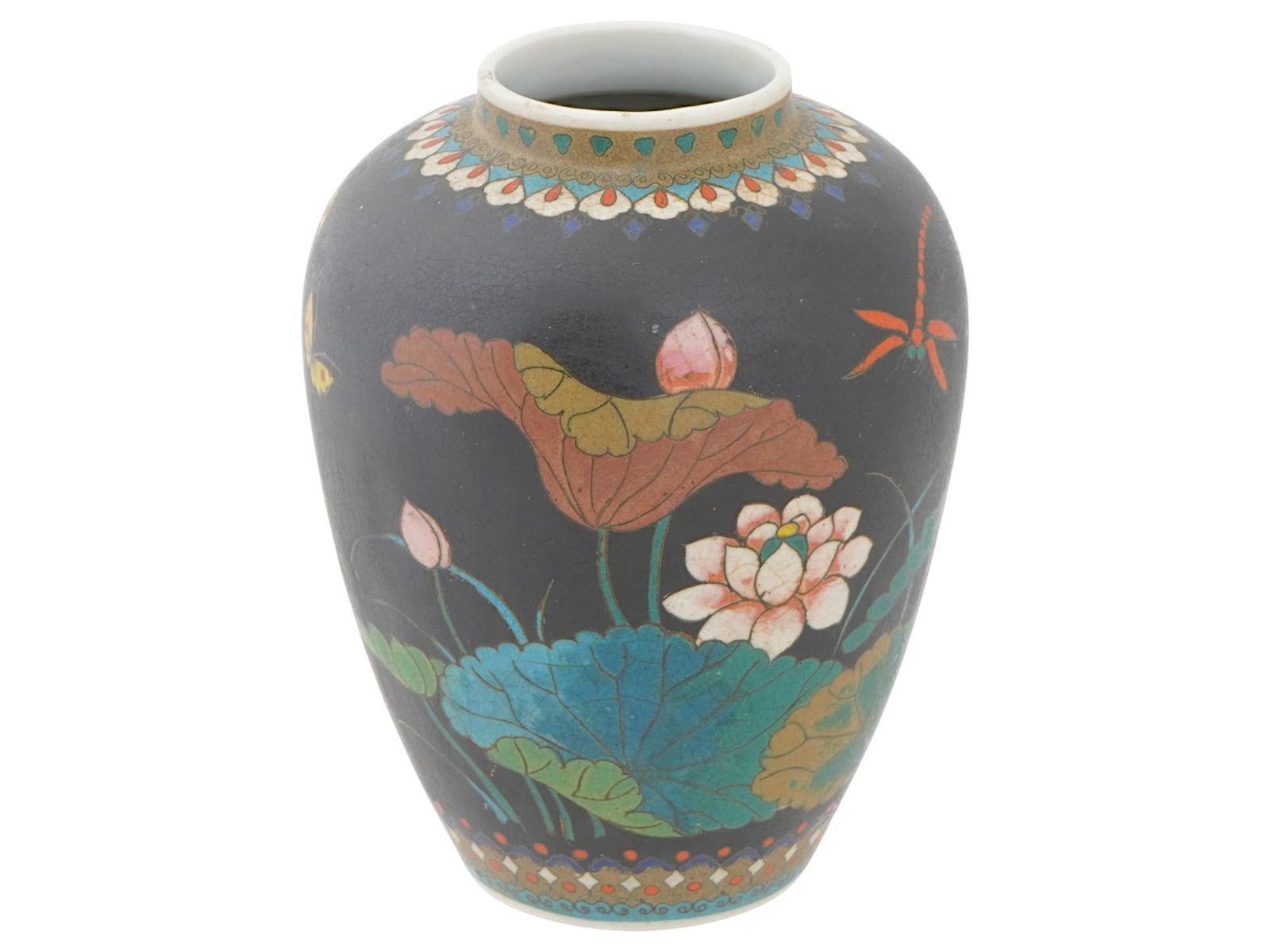 ANTIQUE JAPANESE TOTAI SHIPPO CLOISONNE ENAMEL VASE: An antique Japanese Totai Shippo cloisonne enamel vase. The wide vase with a short, tapered neck. Decorated with large lotus flowers and motifs of dragonflies and butterflies on a black background. Ma