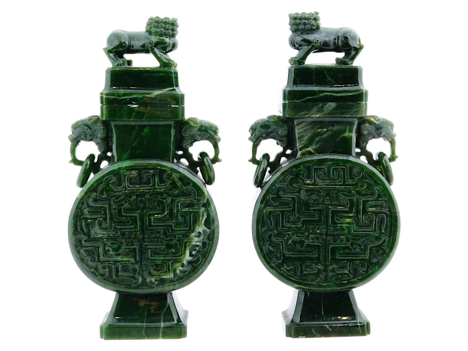 PAIR OF ANTIQUE CHINESE QING CARVED SPINACH JADE VASES (1 of 13)