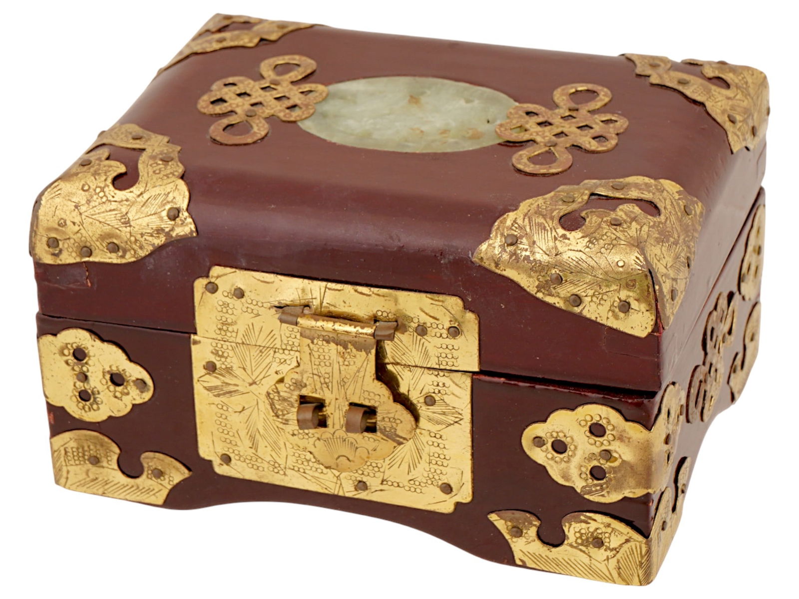 CHINESE BRASS AND JADE STONE WOODEN JEWELLERY BOX (1 of 10)