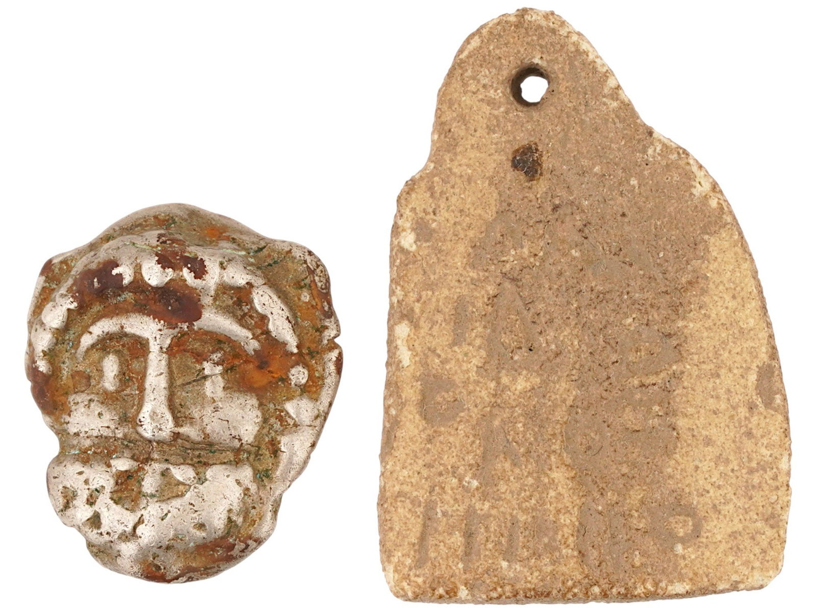LOT BYZANTINE FAIENCE PENDANT ROMAN SILVER HEAD AMULET (1 of 4)