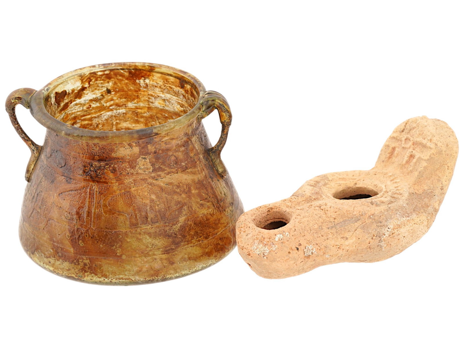 ANCIENT OTTOMAN GLASS JAR AND BYZANTINE OIL LAMP (1 of 12)
