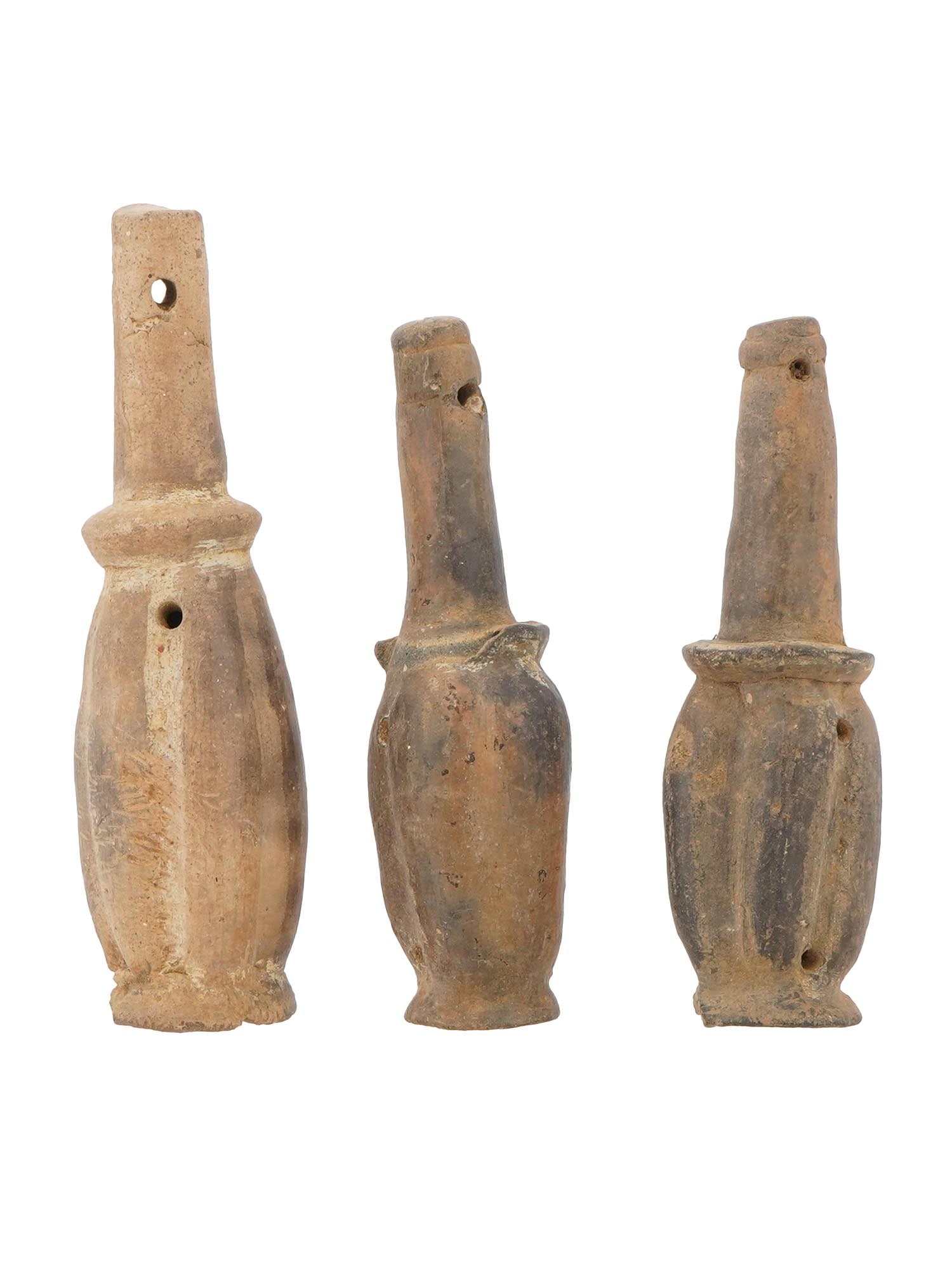 THREE ANCIENT CERAMIC GOURD SHAPED RATTLES WITH HANDLES (1 of 7)