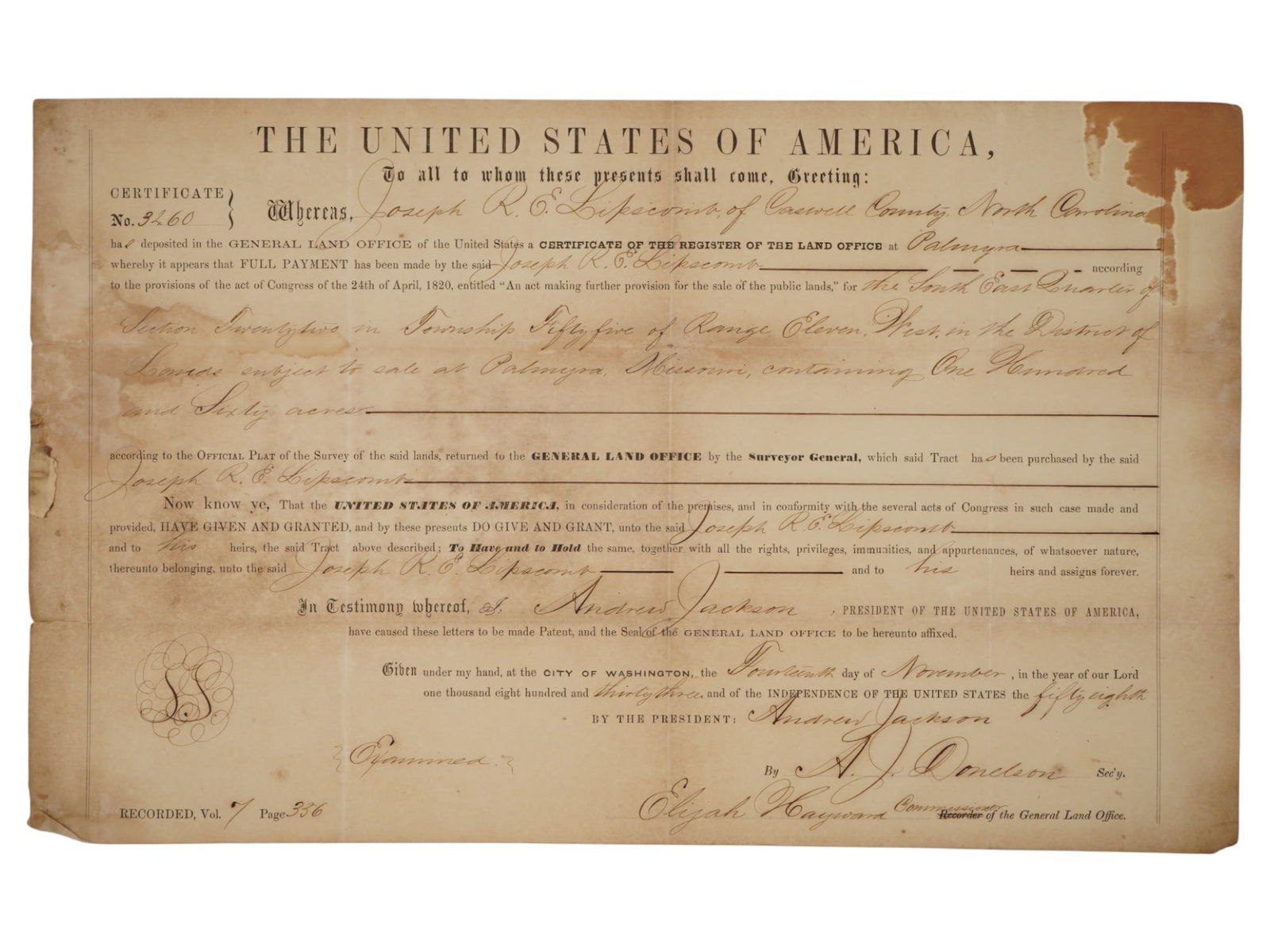 PRESIDENT ANDREW JACKSON SIGNED 1833 LAND GRANT: US General Land Office land grand, or certificate of register, dated 1833, North Carolina, issued to Joseph R.E. Lipscomb. Signed by the 7th US President Andrew Jackson. Collectible Papers And Documen
