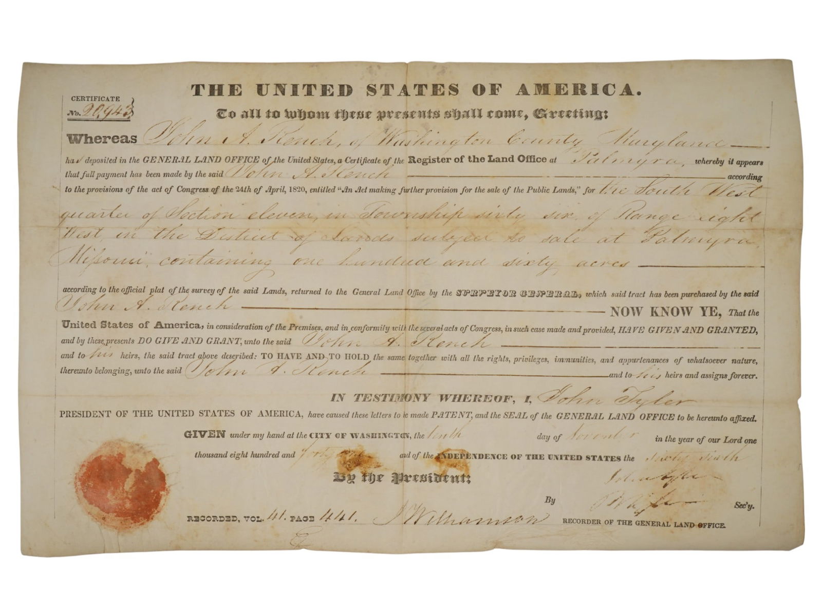 1844 AMERICAN DOCUMENT SIGNED BY PRESIDENT JOHN TYLER: An antique land grant signed by 10th American president John Tyler, 1844. The document is issued by the U.S. General Land Office. Specifically, the document confirms full payment and title to John A.