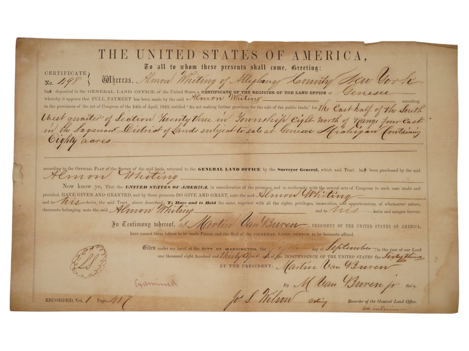 1838 AMERICAN DOCUMENT SIGNED BY PRESIDENT VAN BUREN: An antique land grant signed by 8th American president Martin Van Buren, 1838. The document is issued by the U.S. General Land Office. The deed grants title to an eighty-acre parcel of land in Saginaw