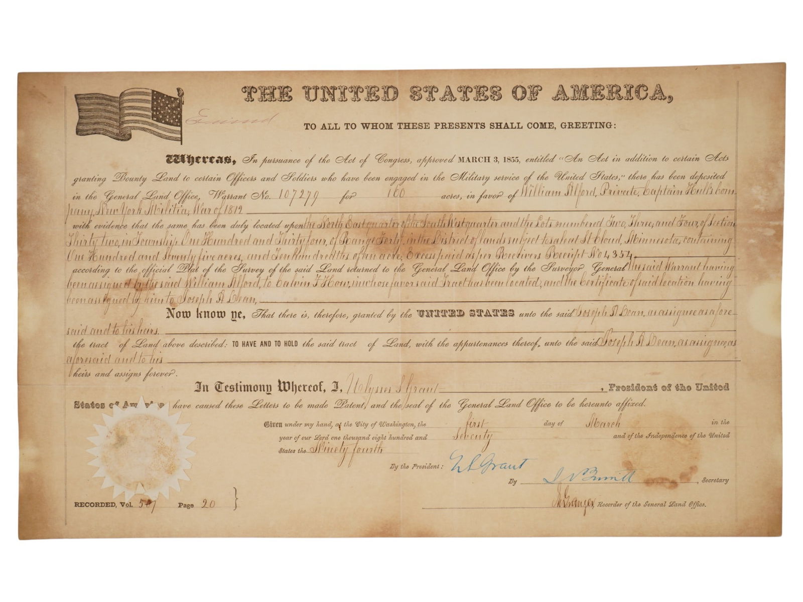 1870 AMERICAN DOCUMENT SIGNED PRESIDENT ULYSSES GRANT: An antique American historical land grant document dating back to 1870. Signed by President Ulysses S. Grant. Warrant No 107279 for 160 acres. Additionally hand inscribed on the back side. Land grants