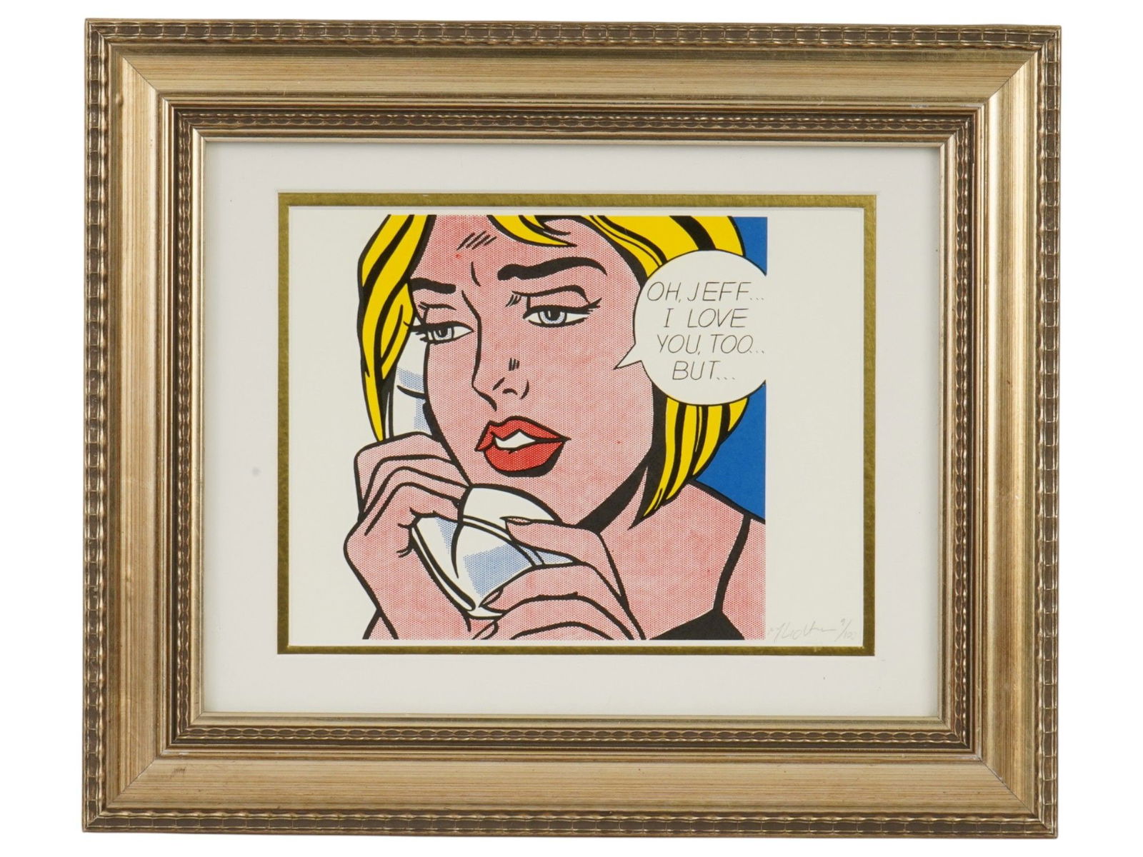 ROY LICHTENSTEIN AMERICAN LIMITED EDITION LITHOGRAPH: Roy Lichtenstein, American, 1923 to 1997, color lithograph on paper. Reproduction of the 1964 mixed media painting titled Oh, Jeff...I Love You, Too...But... Signed and numbered 9 out of 100 in pencil