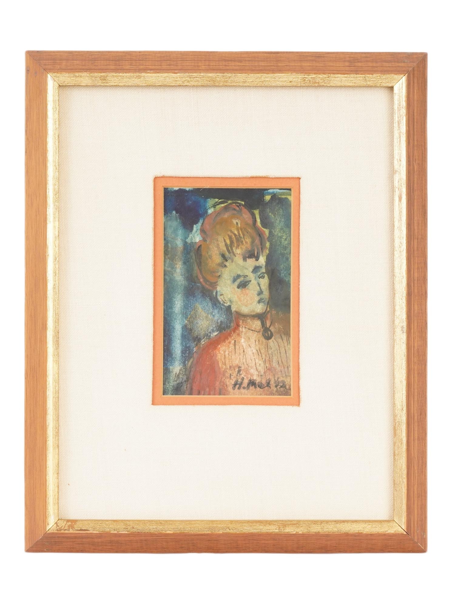 MANNER OF HENRI MATISSE FEMALE PORTRAIT PAINTING: A vintage watercolor and gouache on paper portrait painting in the manner of Henri Matisse, French, 1869 to 1954. Signed H. Matisse lower right. The painting depicts a Fauvist portrait of a young woma