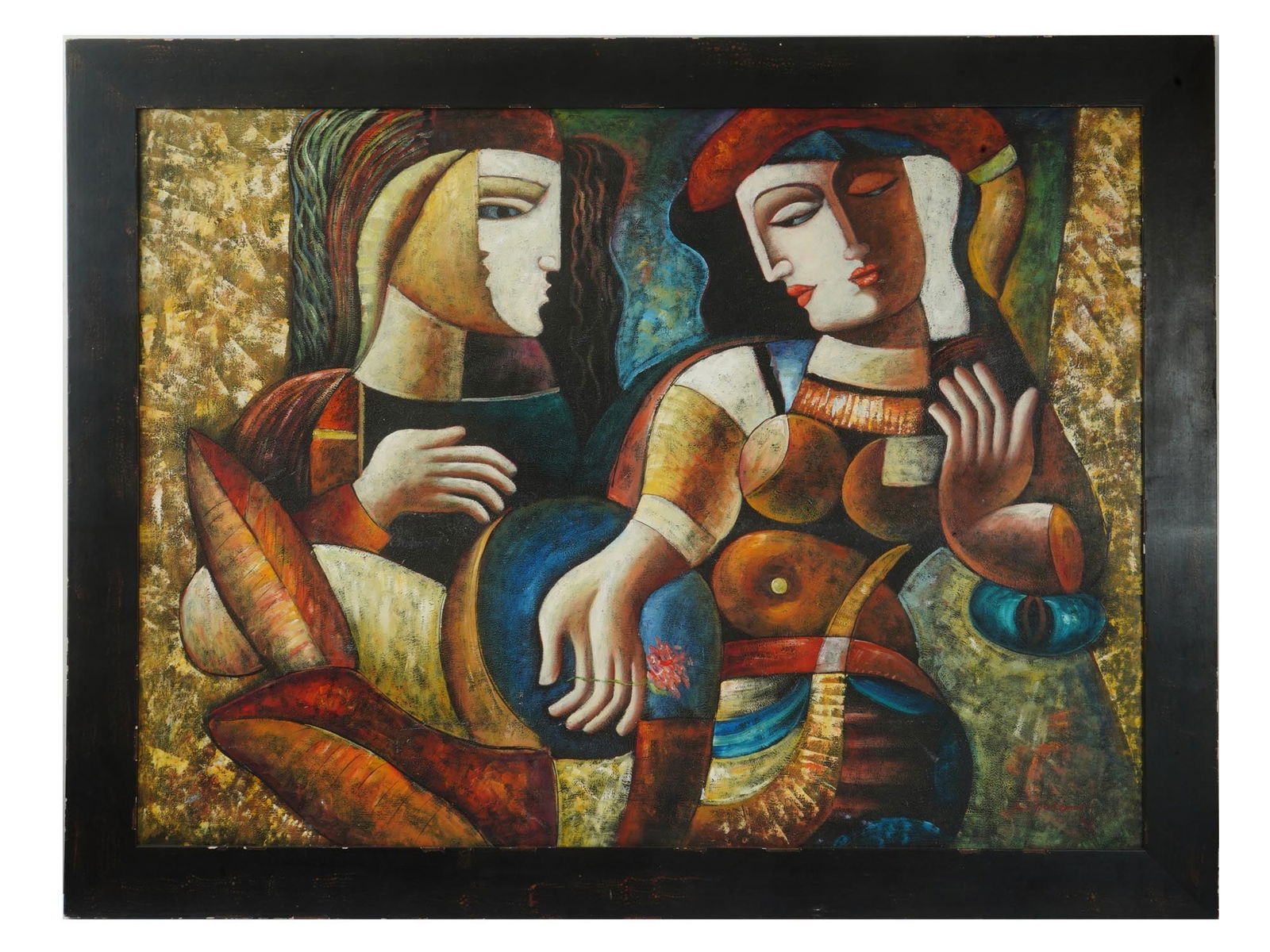 MANNER OF OLEG ZHIVETIN CUBIST OIL PAINTING SIGNED: Oil on canvas painting. American, early 21st century. In the manner of Oleg Zhivetin, born 1964, a Russian artist known for his distinctive cubist-like style, interest in religious iconography, and th