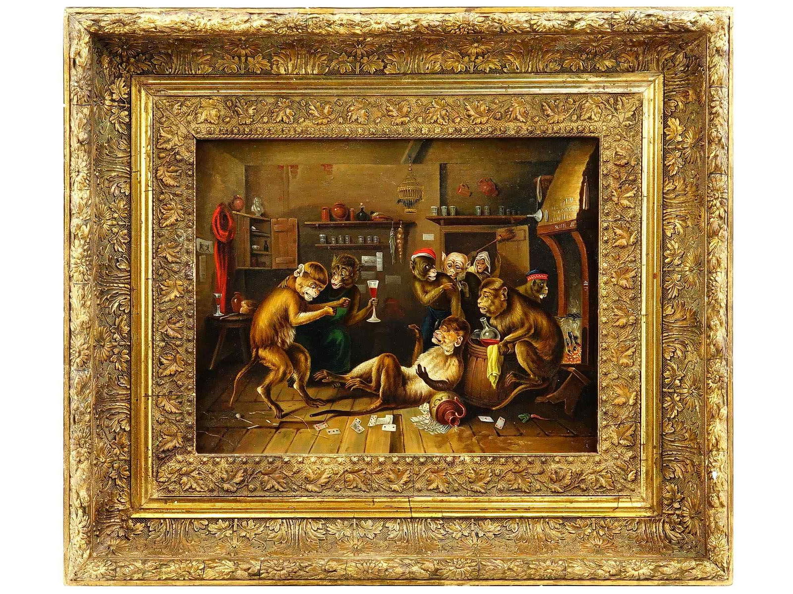 ANTIQUE DUTCH OIL ON TIN PAINTING OF MONKEYS: Oil on tin painting. Dutch school, late 19th century. The artwork represents a multi-figure tavern scene where humans are replaced by monkeys drinking wine and playing cards. Tavern genre scenes were