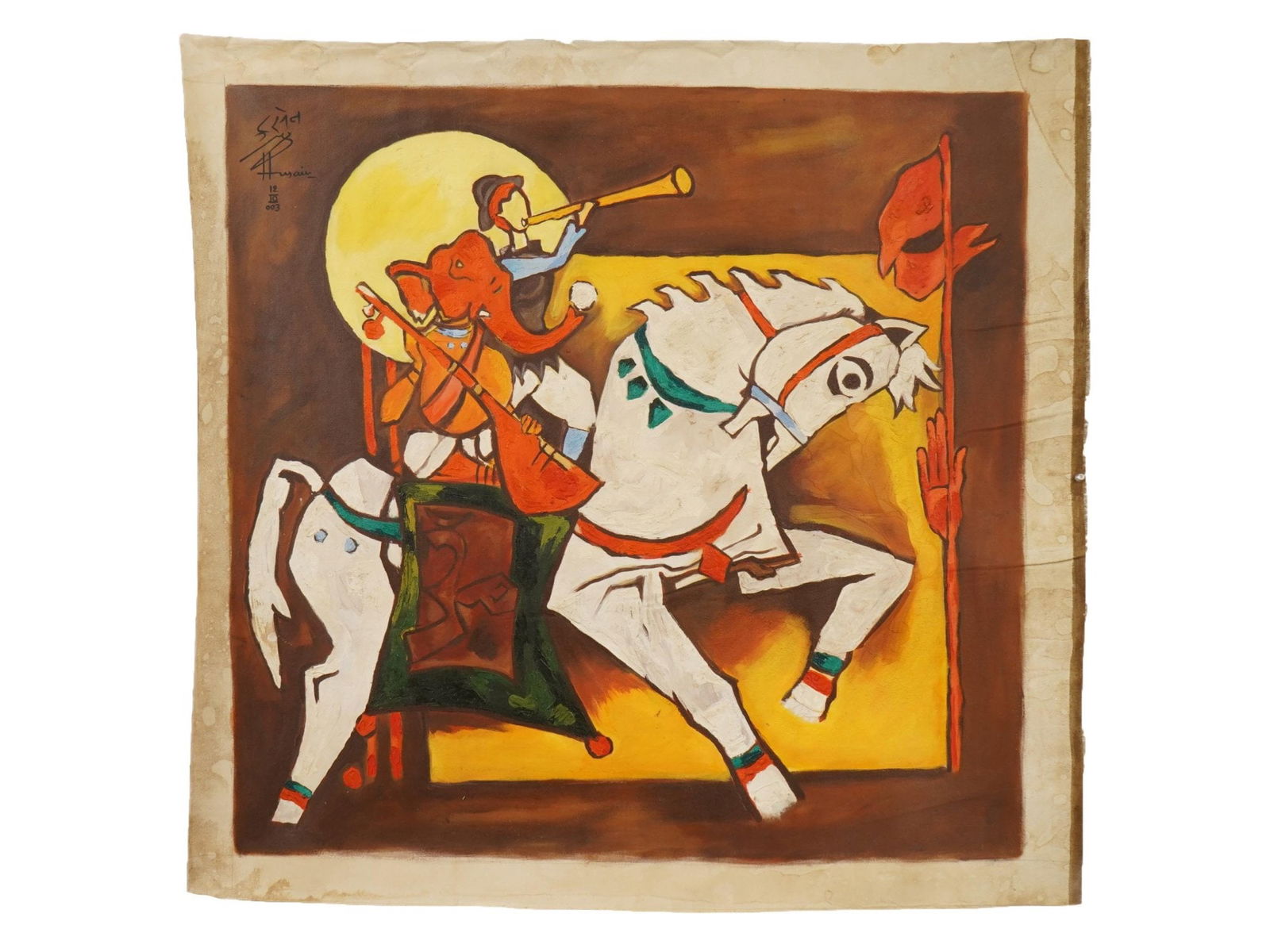 SIGNED MAQBOOL F HUSAIN INDIAN ACRYLIC PAINTING W COA (1 of 6)