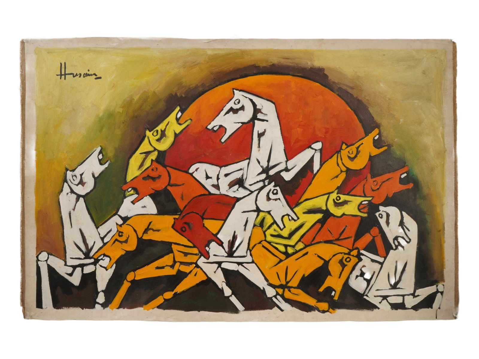 SIGNED MF HUSAIN INDIAN PAINTING HORSES WITH COA (1 of 5)