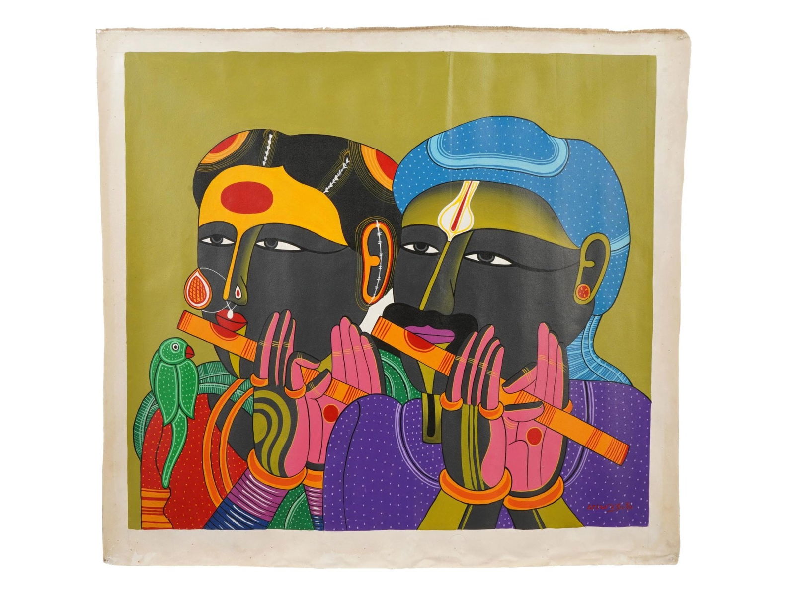 SIGNED THOTA VAIKUNTAM INDIAN ACRYLIC PAINTING W COA: Signed Thota Vaikuntam, Indian, born 1942, an acrylic painting on canvas depicting a double portrait of a couple playing flutes. Signed lower right. Thota Vaikuntam is a painter. Renowned for his vibr