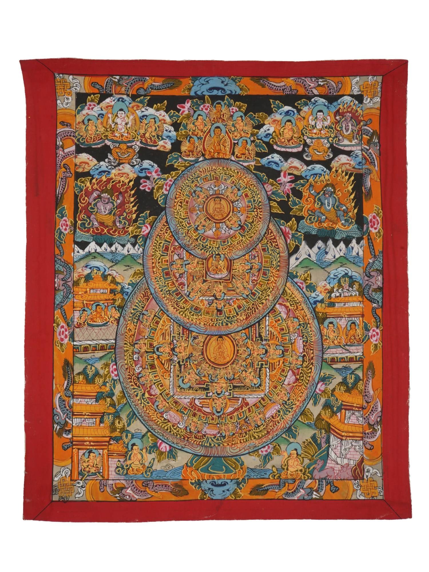 TIBETAN BUDDHIST THANGKA HAND PAINTING ON FABRIC: A Tibetan Buddhist Thangka polychrome painting on cotton, Triple Mandalas of Gautam Buddha. The three mandalas in Buddhism symbolize essential teachings for enlightenment. They include the mandala of