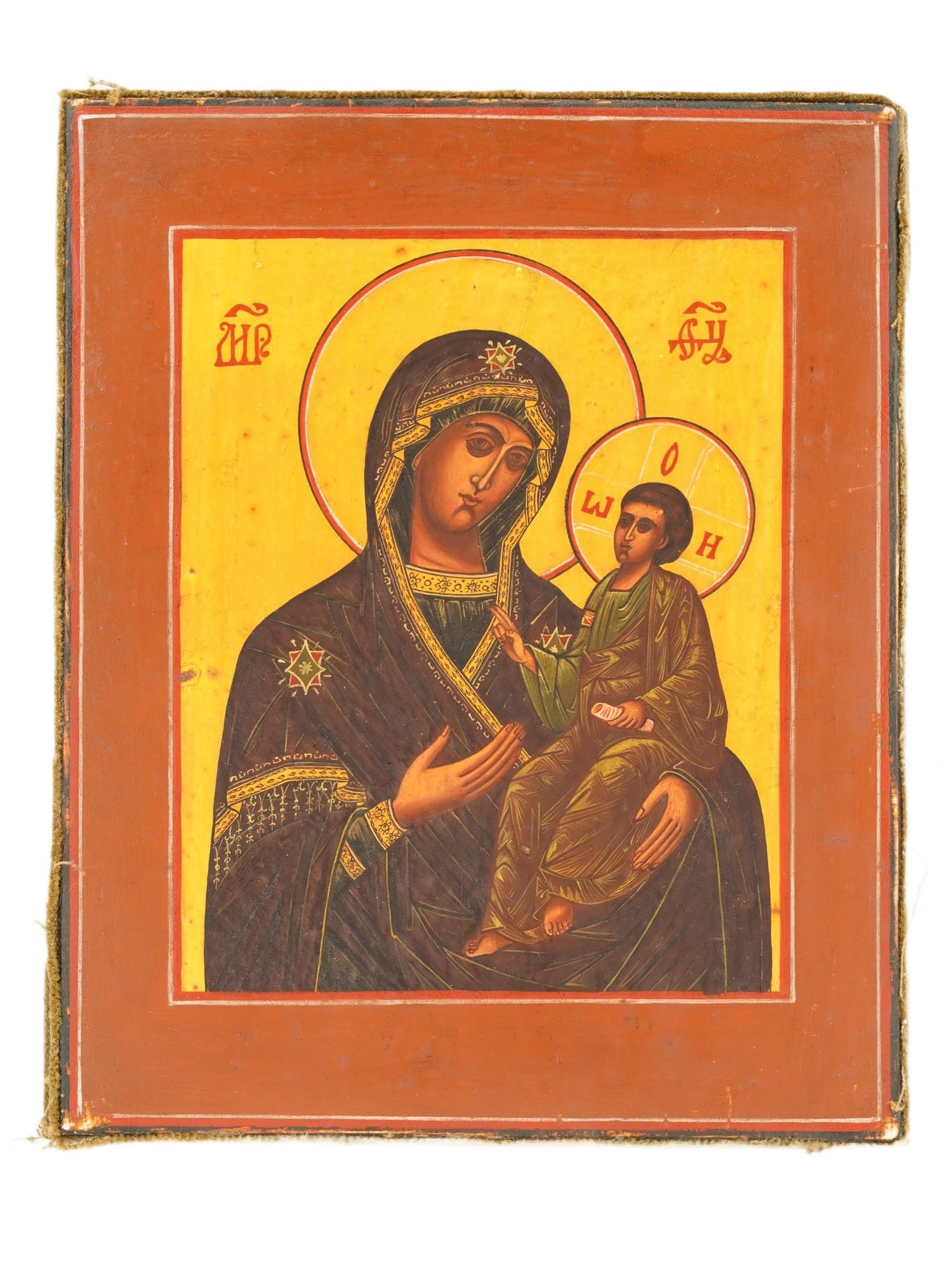 ANTIQUE 19TH C RUSSIAN ICON VIRGIN OF TIKHVIN: An antique 19th-century Russian Orthodox icon of Mother of God with Jesus Child in Tikhvinskaya iconography. Mixed media painting: egg tempera, gesso, and levkas on a wood board. Theotokos of Tikhvin