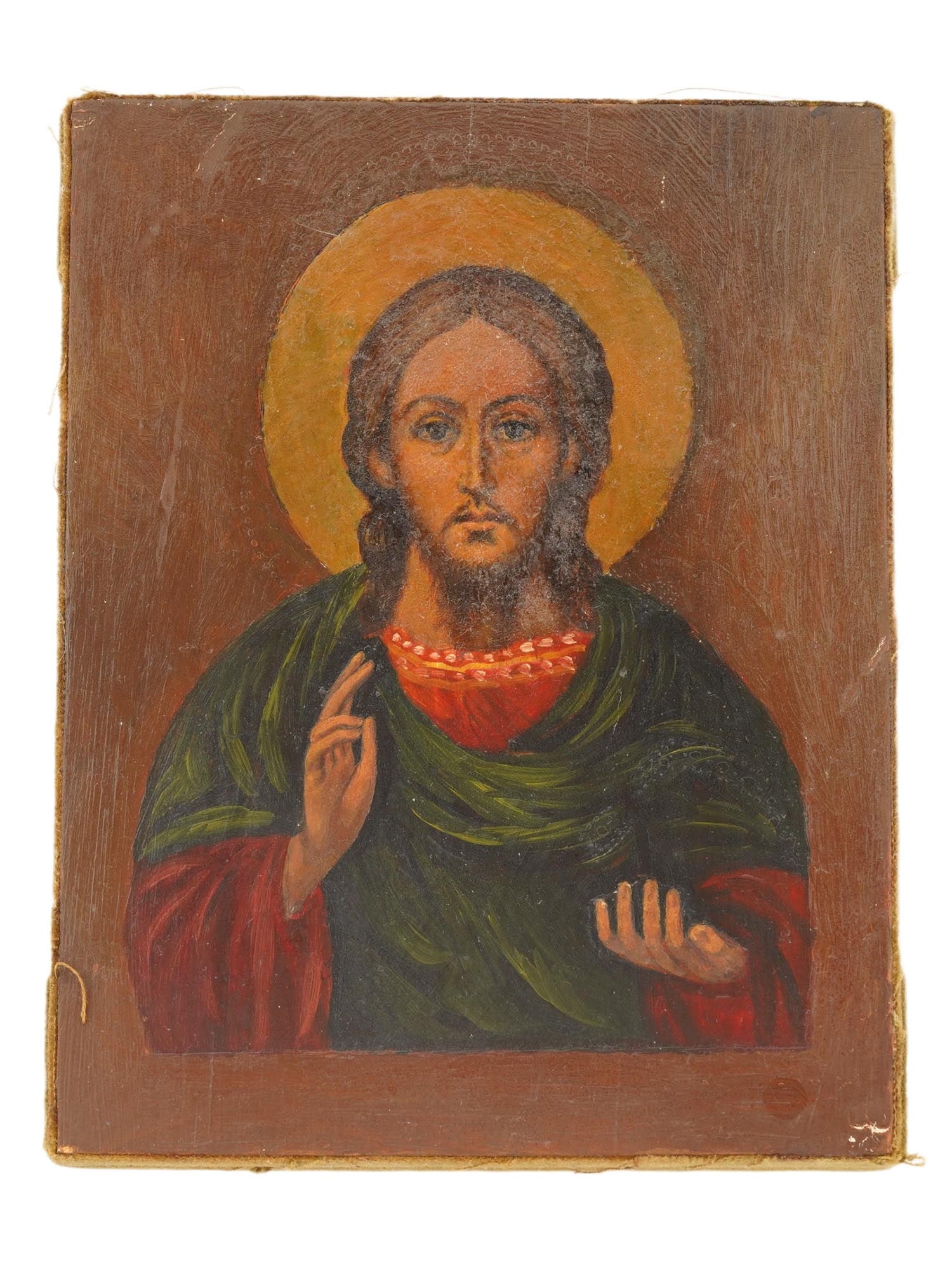 ANTIQUE 19TH C RUSSIAN ICON LORD ALMIGHTY: An antique 19th-century Russian Orthodox icon representing Jesus in the Christ Pantocrator iconography, known in the Western Christianity as Christ in Majesty. Mixed media painting: egg tempera, gesso