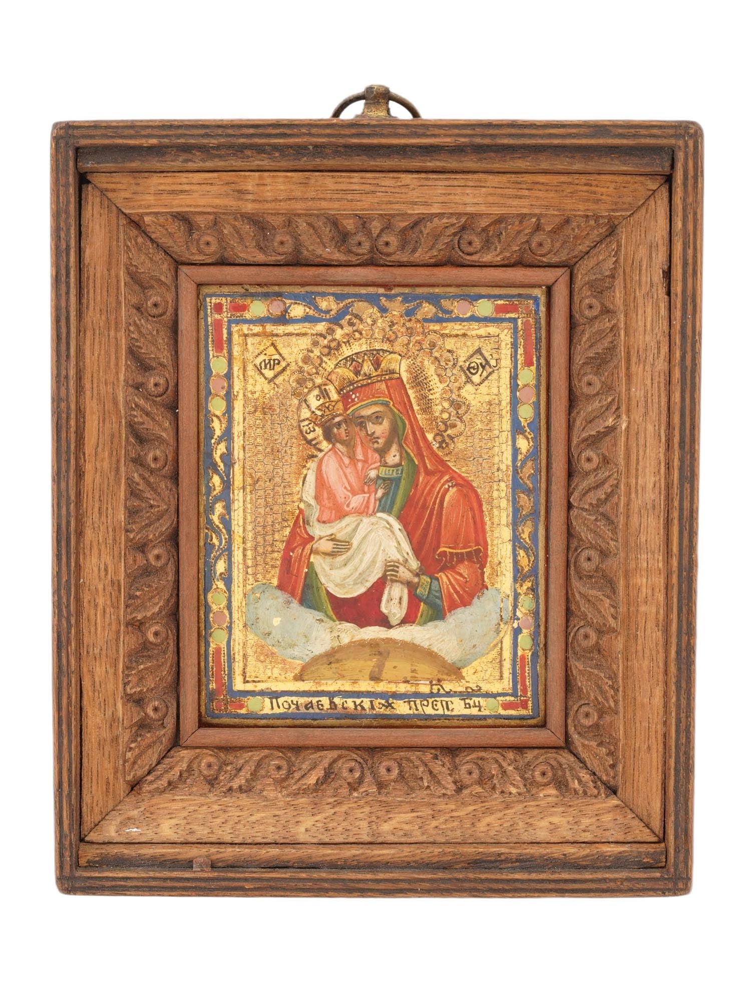ANTIQUE THEOTOKOS OF POCHAYIV ICON IN CARVED WOOD FRAME (1 of 5)