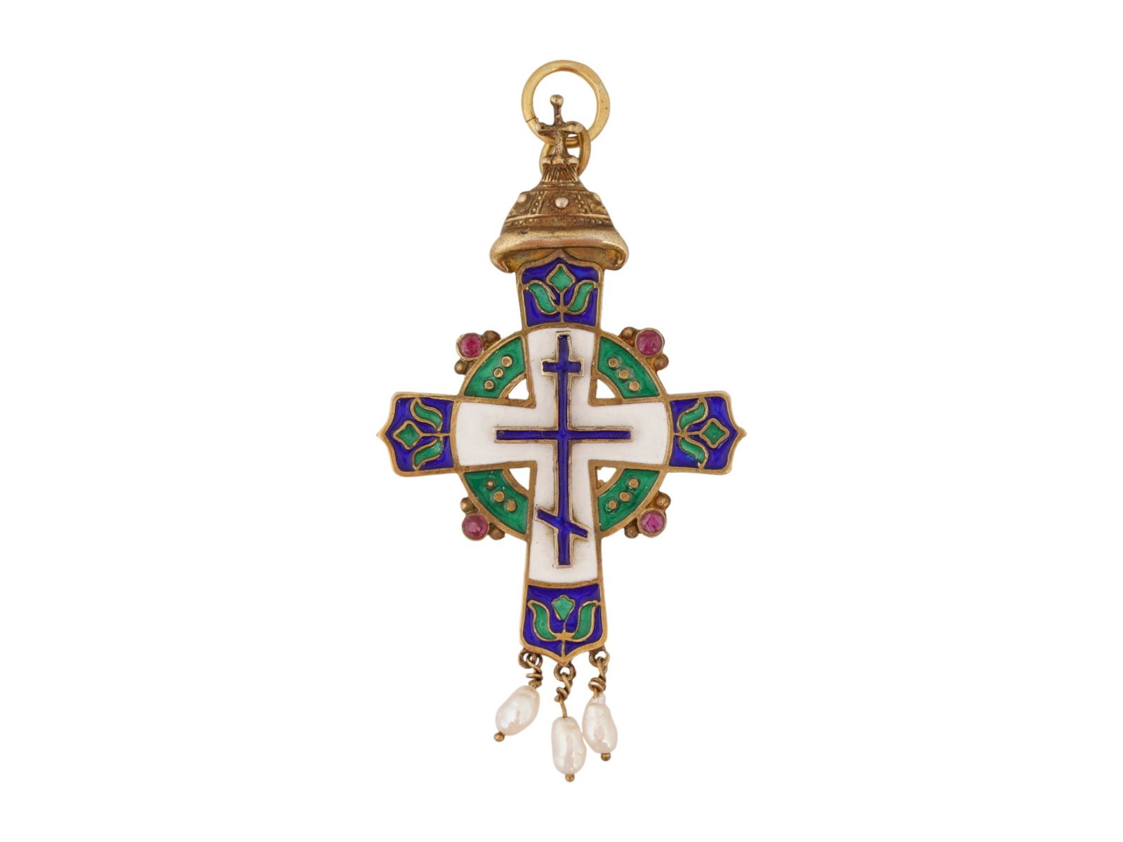 RUSSIAN SILVER ENAMEL CROSS W NATURAL PEARLS AND RUBIES (1 of 7)