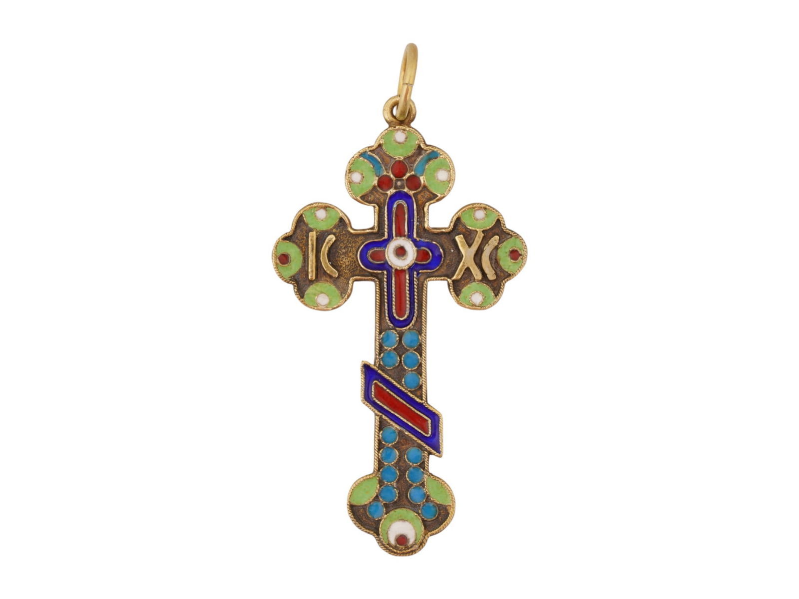 RUSSIAN GILT SILVER CLOISONNE ENAMEL CROSS PENDANT: A Russian 84 gilt Silver and enamel cross pendant. The pendant is made in the shape of an Orthodox cross. The front side of the piece is decorated with polychrome enamel decor and inscribed with the l