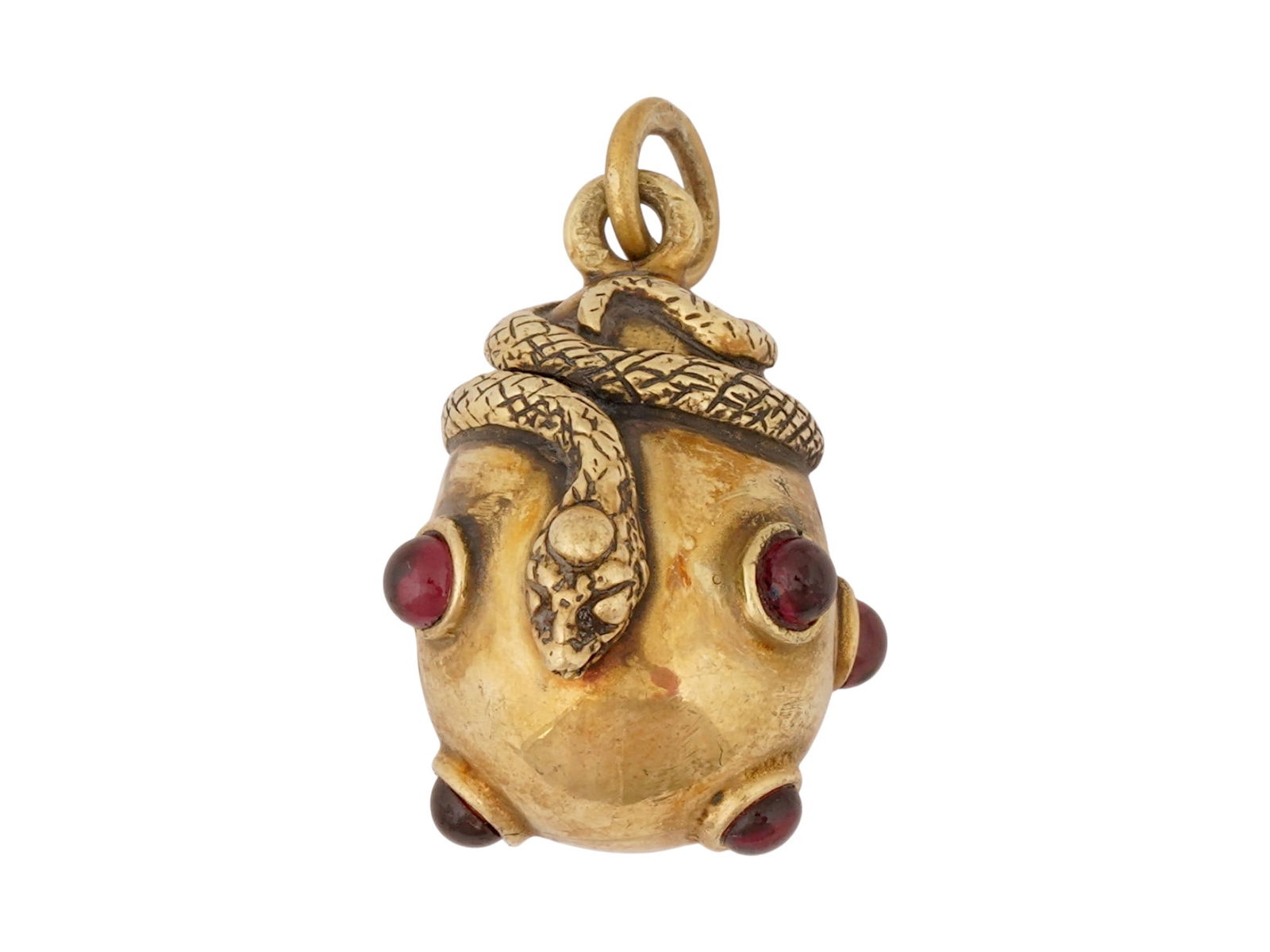 RUSSIAN GILT SILVER SNAKE EASTER EGG PENDANT W GEMS: A Russian gilt silver Easter egg pendant adorned with an engraved snake and set with gemstones. The piece is hallmarked with the 84 Russian silver standard and makers marks on the fitting ring.