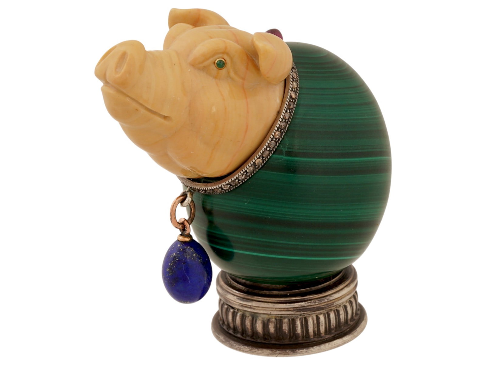 RUSSIAN MALACHITE JASPER GOLD SILVER LAPIS PIG FIGURE: A Russian hand carved figurine representing a pig. Malachite body rests on a silver base. Jasper head is adorned with Emerald stone eyes in Gold fittings. Silver collar set with Diamonds and a Ruby
