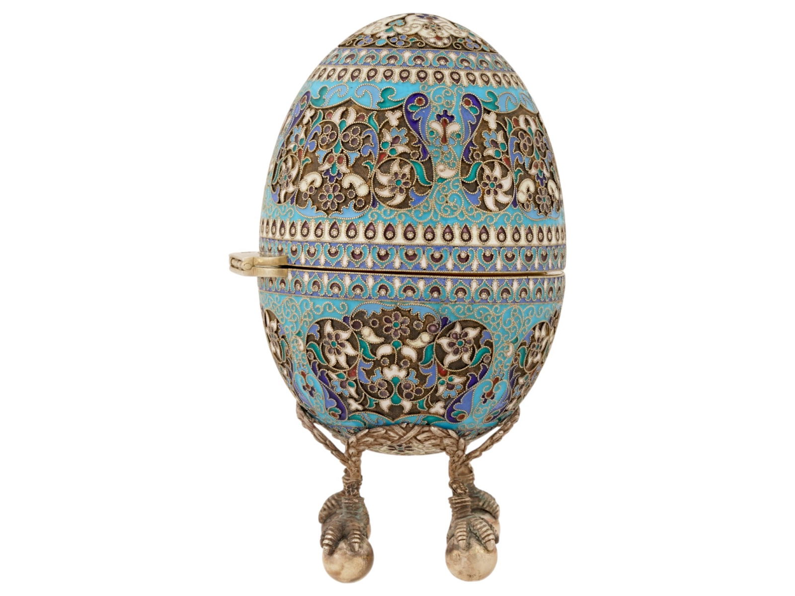 LARGE RUSSIAN SILVER CLOISONNE ENAMEL EASTER EGG: A large Russian gilt silver Easter Egg casket with hinged lid. Cloisonne enamel floral surface in blue, green, white, and red colors. The egg rests on a footed stand. Hallmark of 84 silver standard