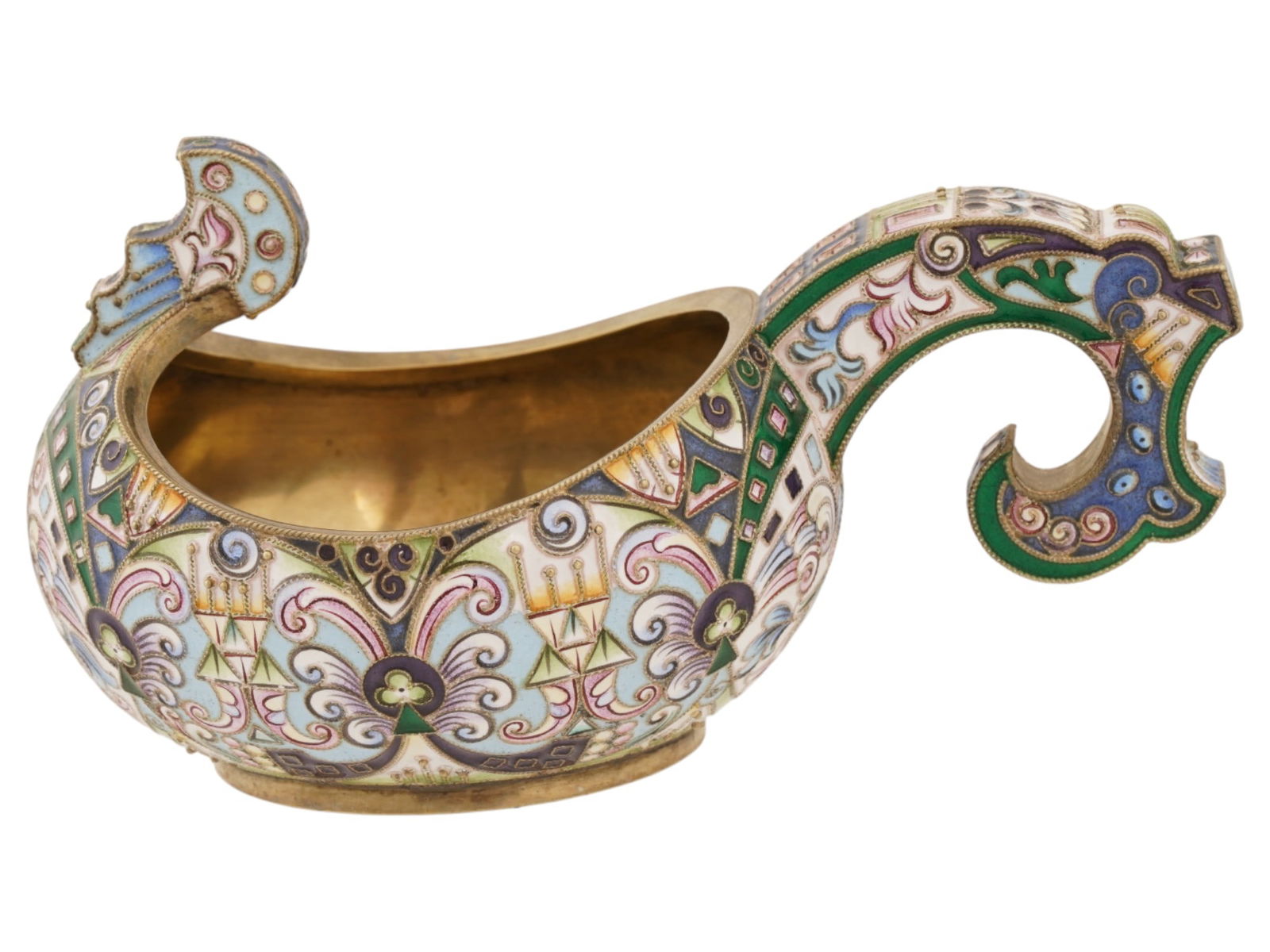 RUSSIAN GILT SILVER CLOISONNE ENAMEL KOVSH LADLE: A Russian gilt silver kovsh, a traditional oval-shaped drinking vessel or ladle with a single handle. Rounded piece with hooked handle. Floral shaded cloisonne enamel decor. Hallmark of 88 silver stan