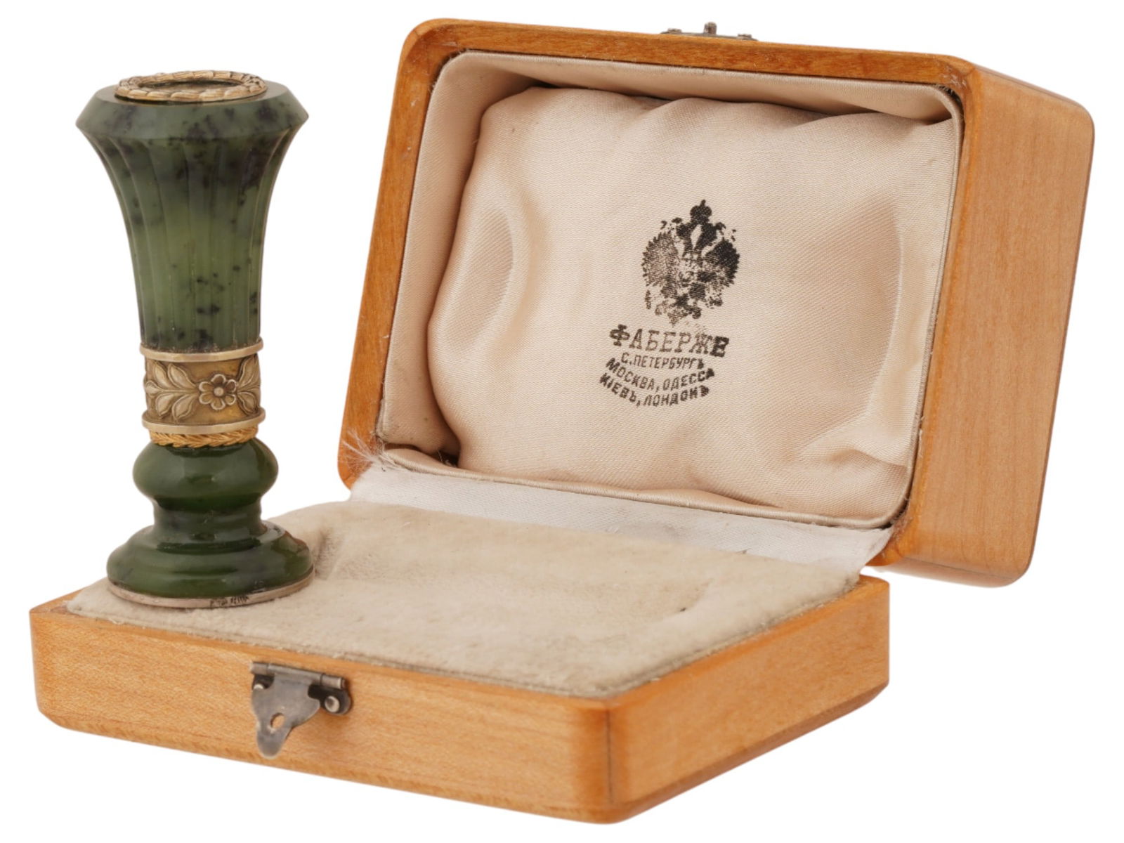 IMPERIAL RUSSIAN GILT SILVER CARVED JADE SEAL W BOX: A Russian carved nephrite jade seal with gilt silver Neoclassical decor. The item stamps a Russian calligraphic letter M. Hallmarked with the silver standard and the makers mark is on the silver