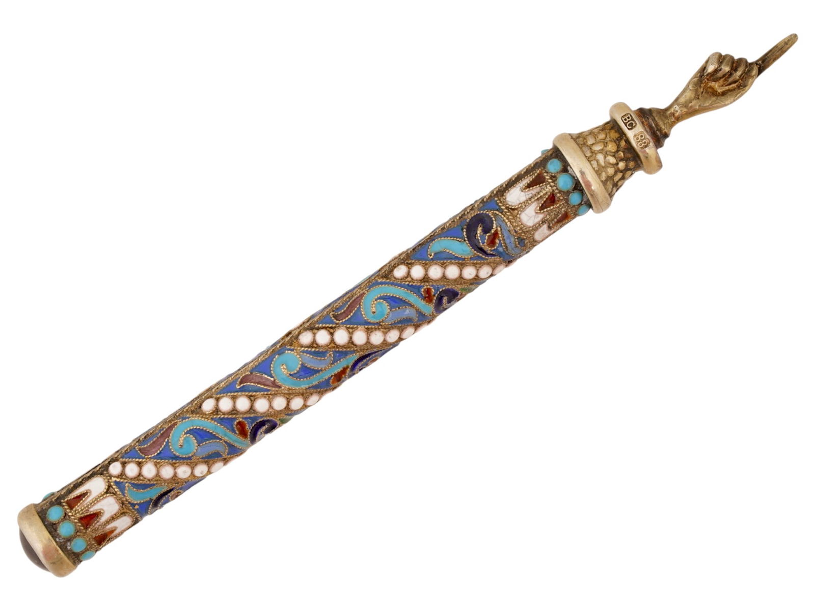 RUSSIAN GILT SILVER ENAMEL TORAH POINTER W GEMSTONE: A Russian gilt silver enamel Torah pointer, which is known in Hebrew as a yad. A yad is a ritual object used during the public reading of the Torah scroll to help the reader follow the text without