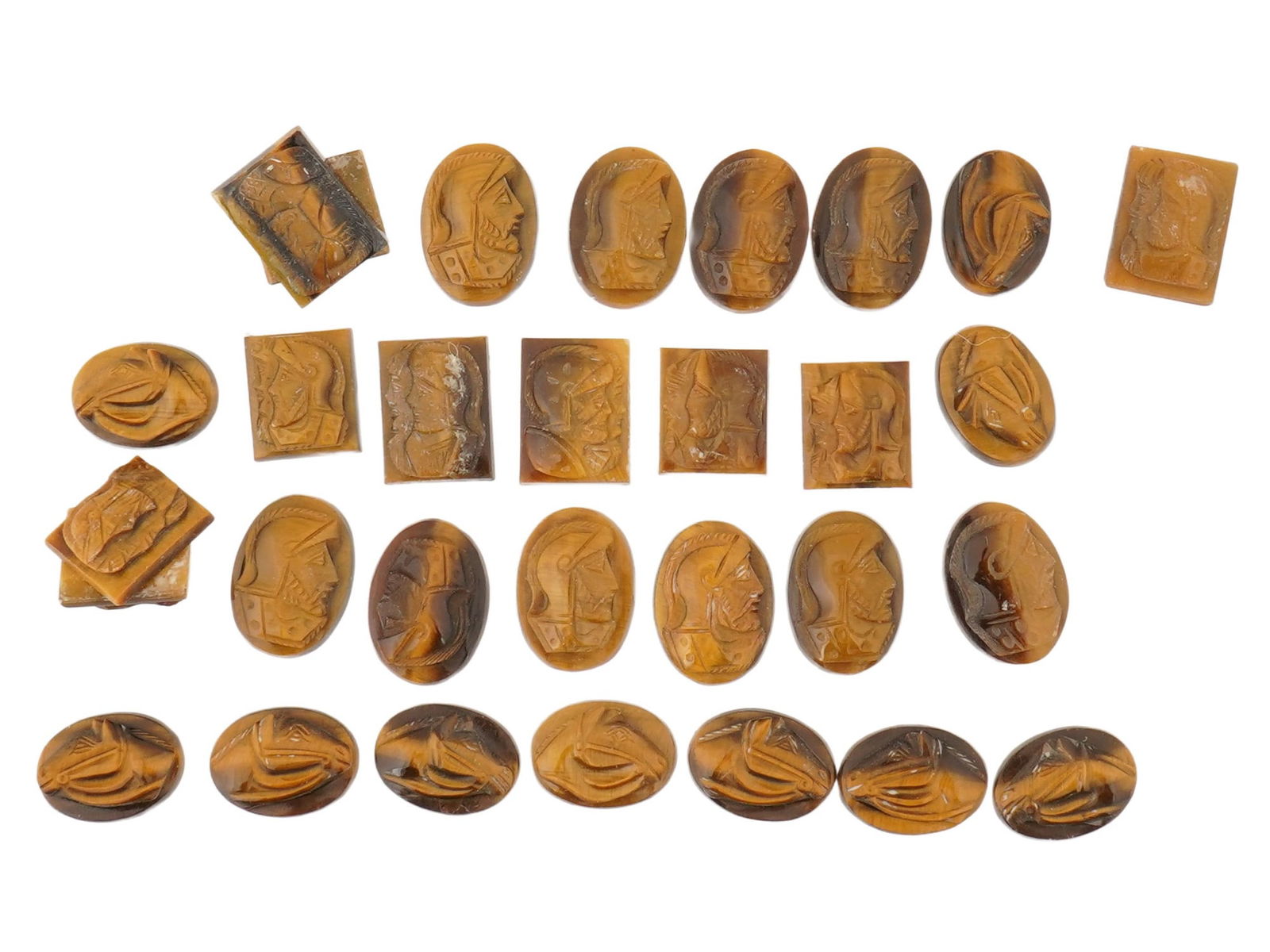 COLLECTION OF 30 VINTAGE CARVED TIGERS EYE CAMEOS (1 of 3)